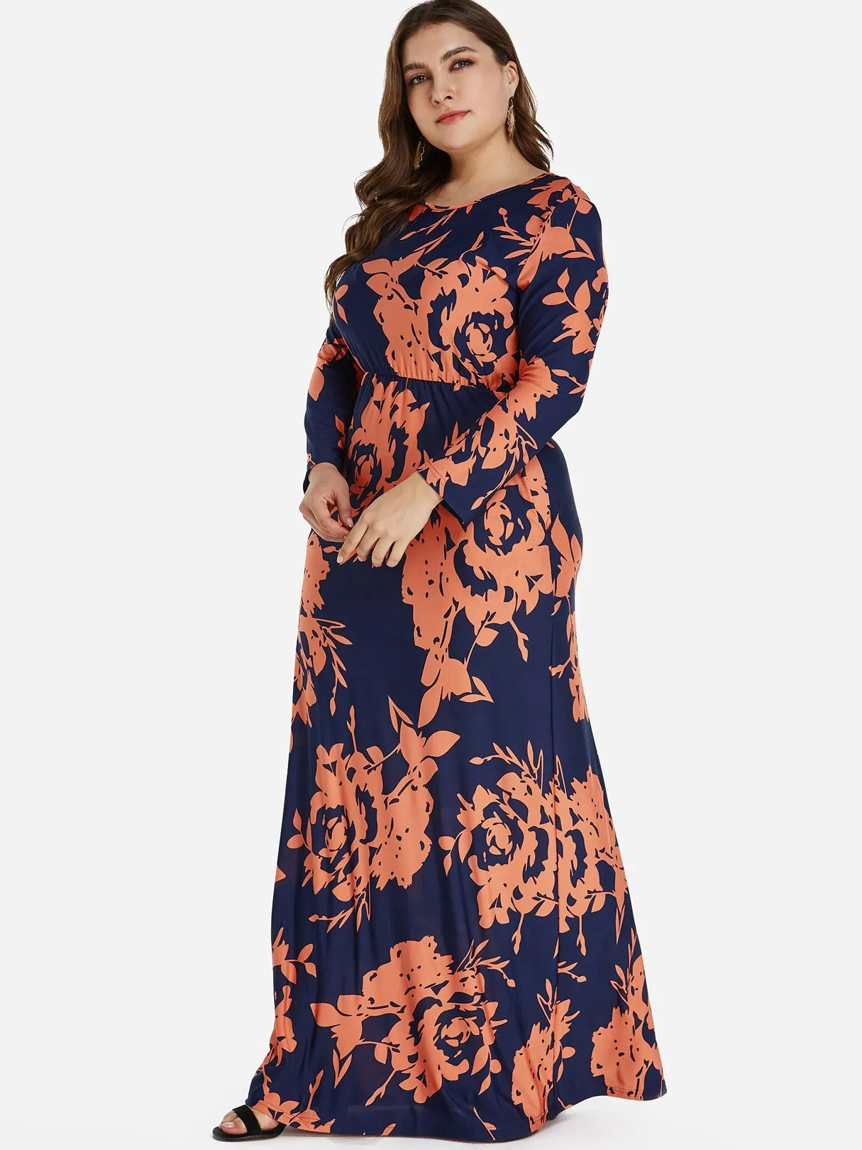 OEM ODM Round Neck Floral Print Long Sleeve Plus Size Dress