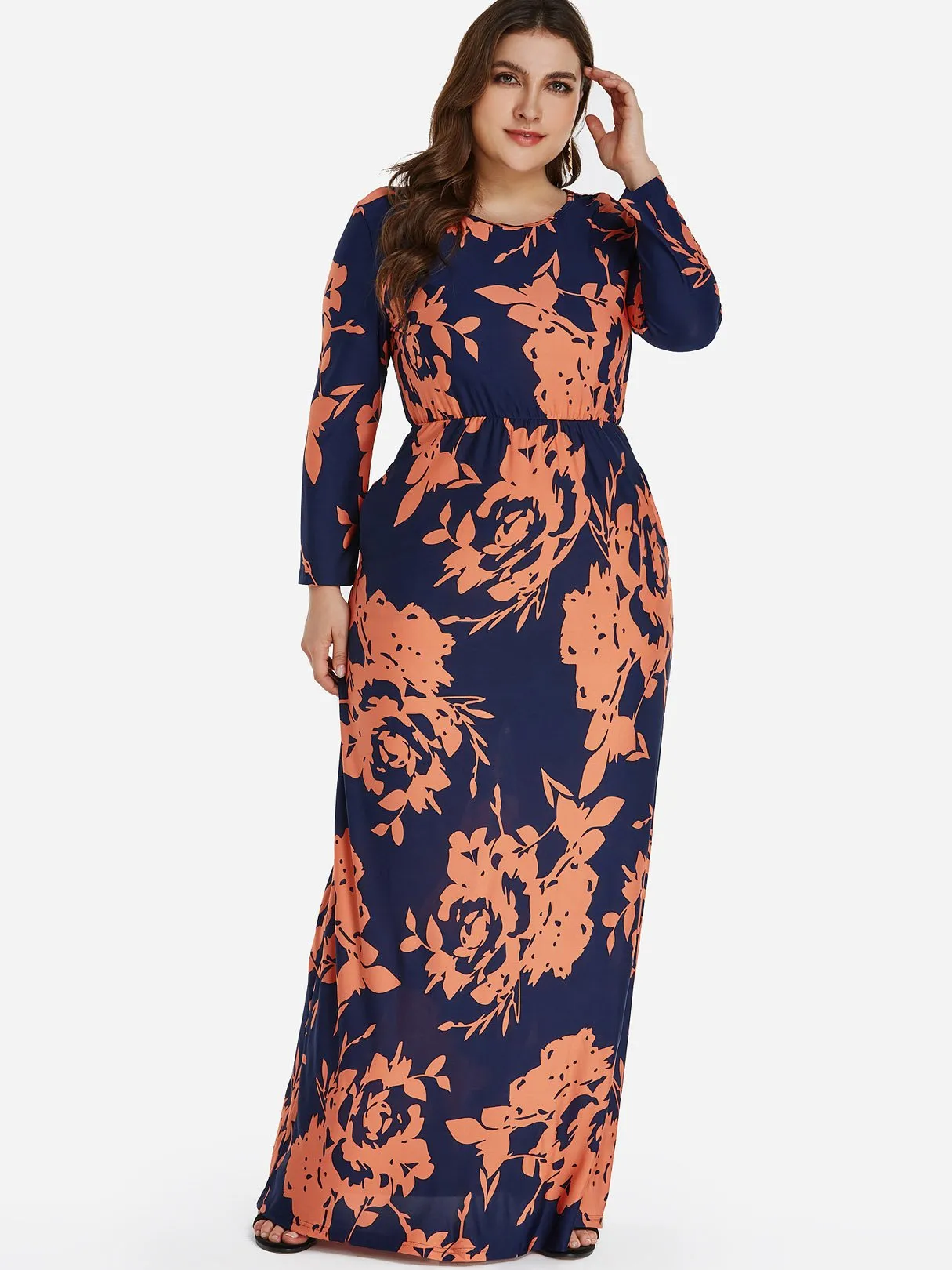 OEM ODM Round Neck Floral Print Long Sleeve Plus Size Dress