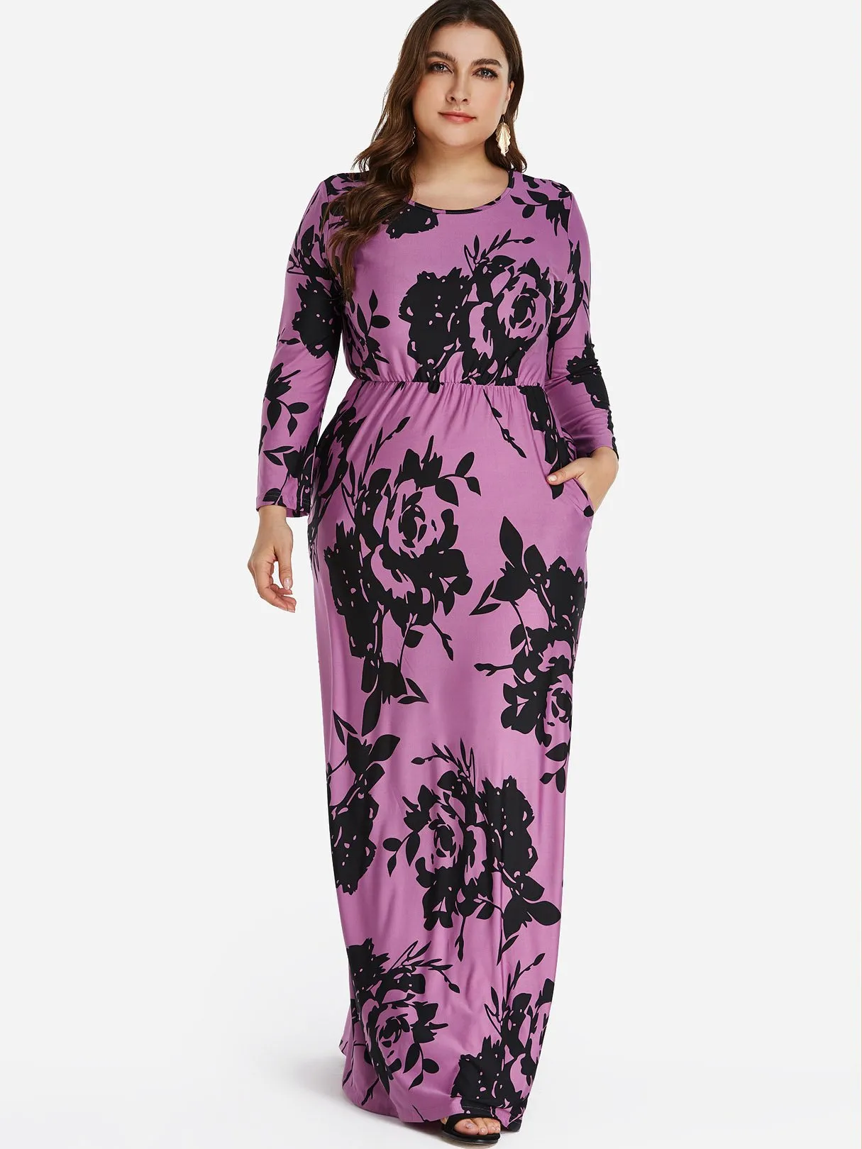 OEM ODM Round Neck Floral Print Long Sleeve Plus Size Dress