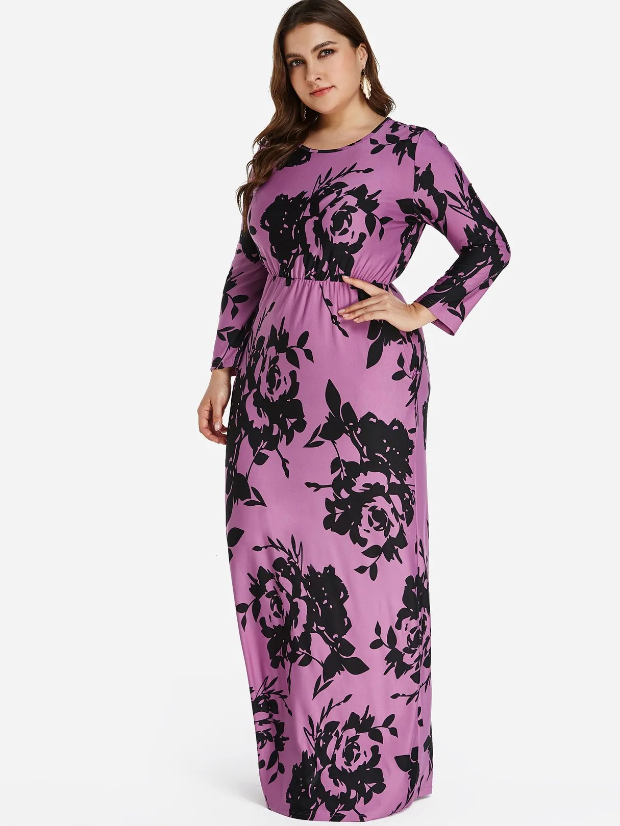 OEM ODM Round Neck Floral Print Long Sleeve Plus Size Dress