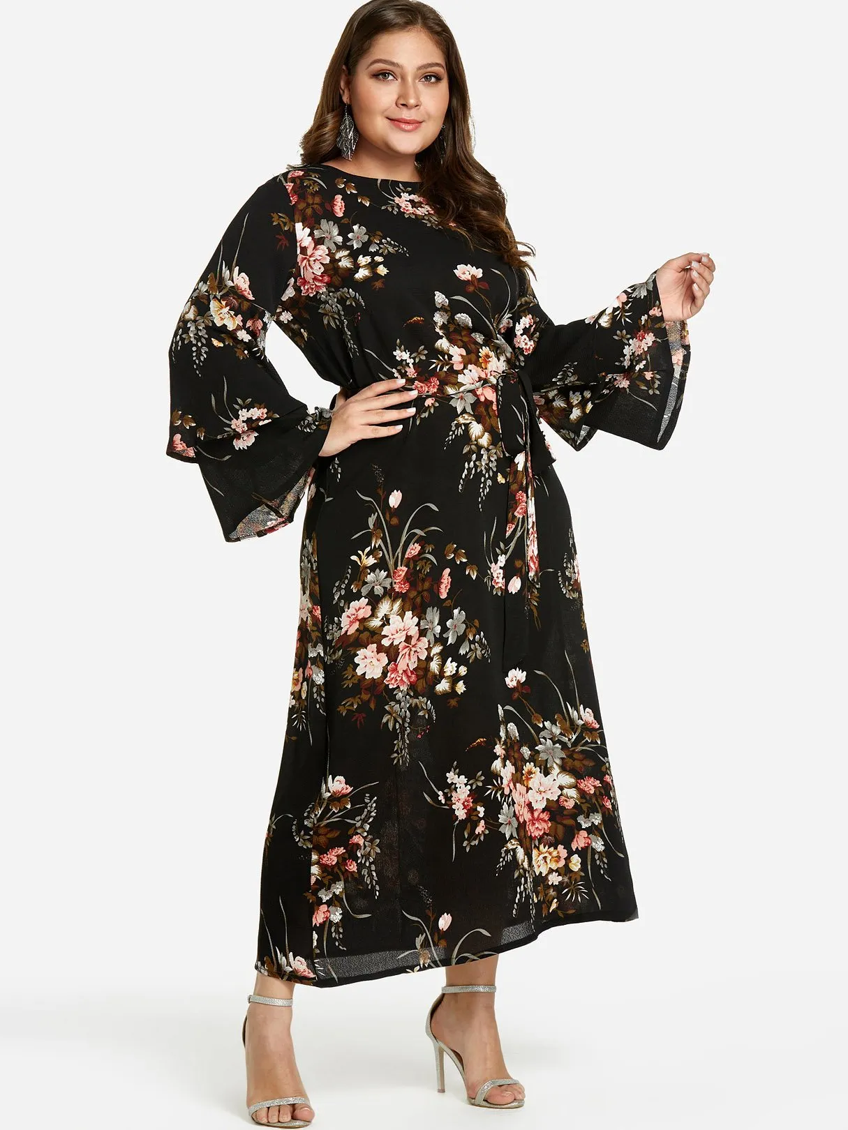 OEM ODM Round Neck Floral Print Tiered Self-Tie Long Sleeve Flounced Hem Black Plus Size Dress