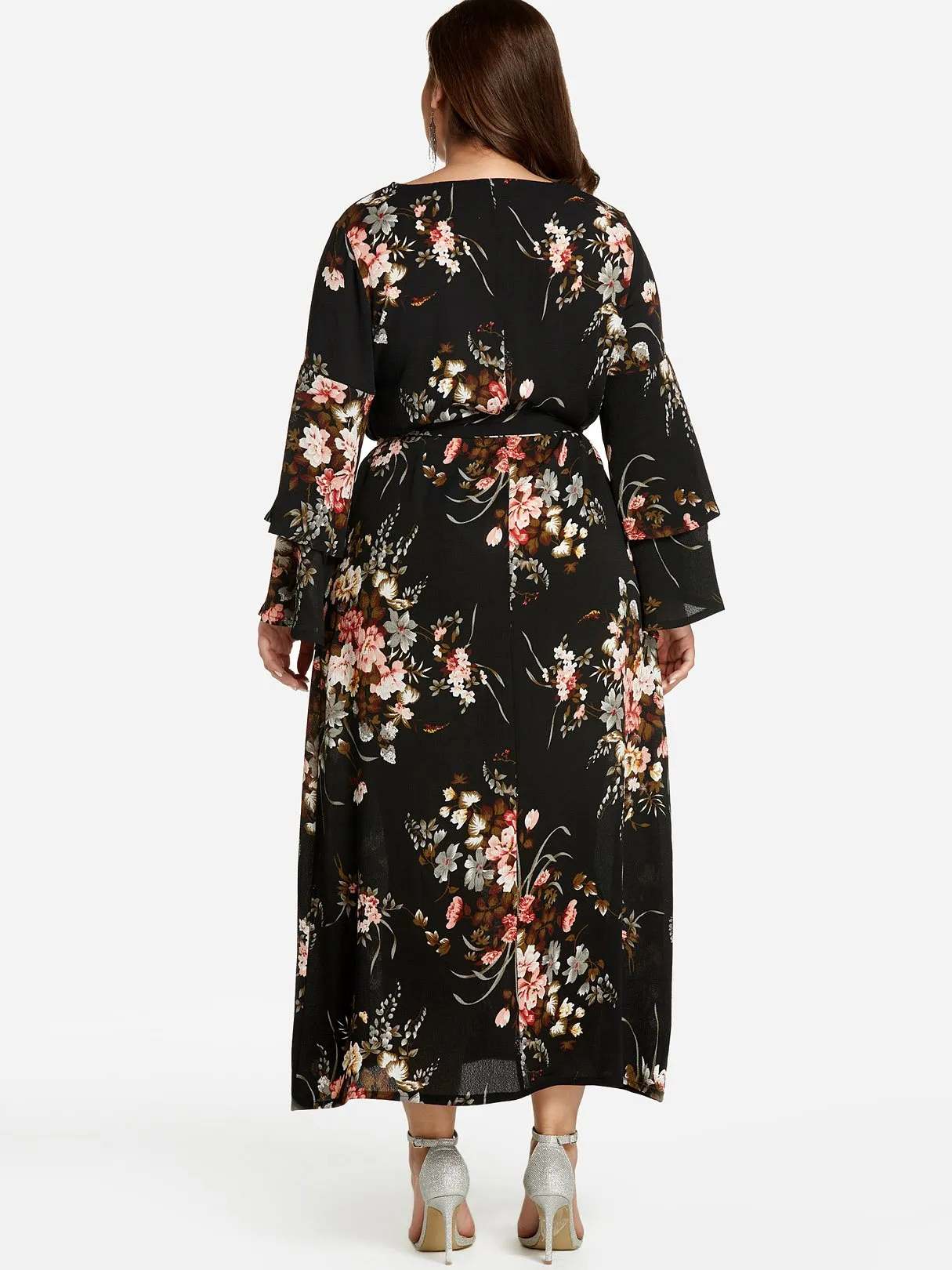 OEM ODM Round Neck Floral Print Tiered Self-Tie Long Sleeve Flounced Hem Black Plus Size Dress