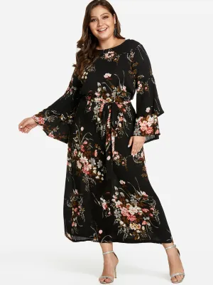 OEM ODM Round Neck Floral Print Tiered Self-Tie Long Sleeve Flounced Hem Black Plus Size Dress