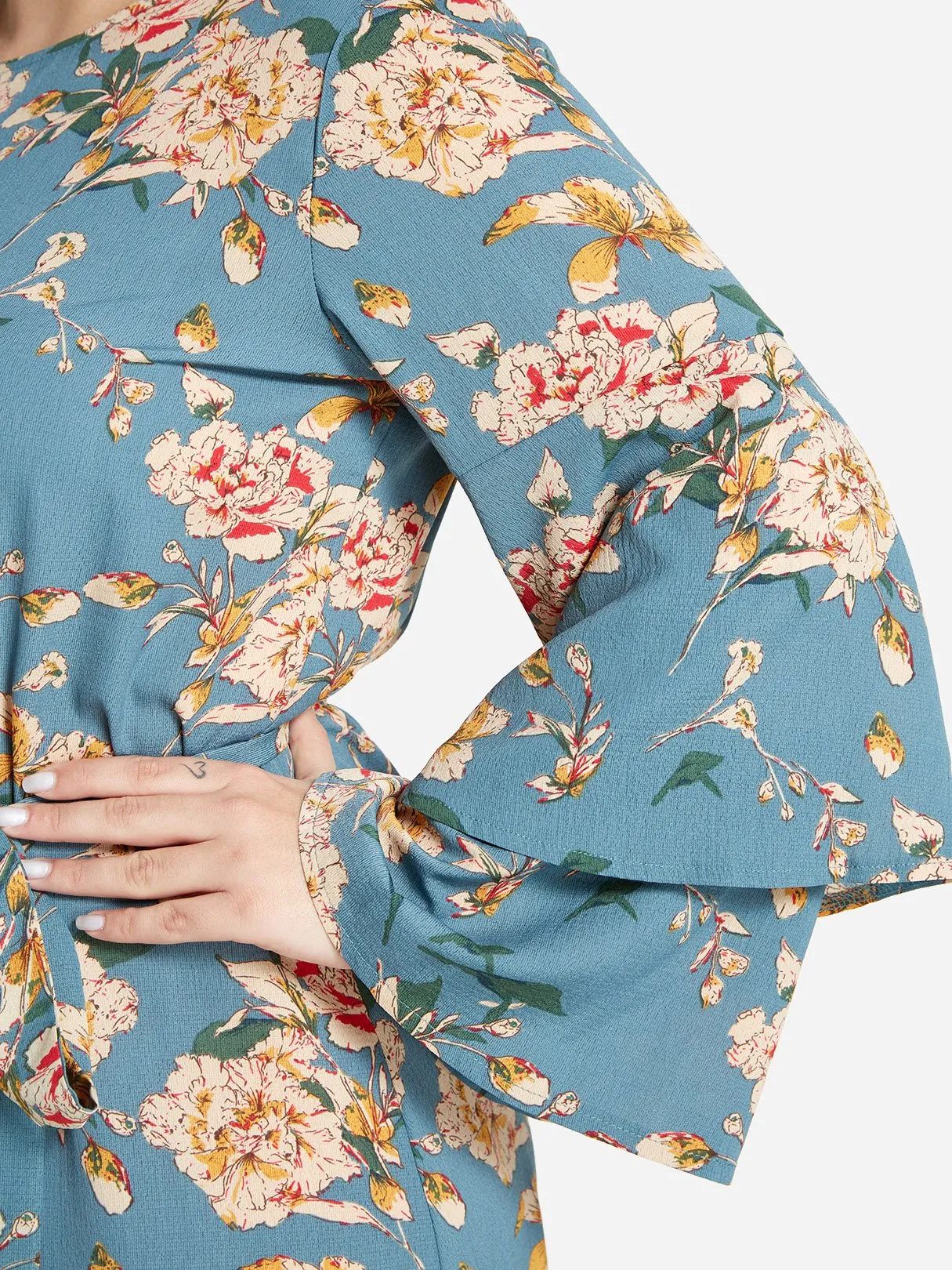 OEM ODM Round Neck Floral Print Tiered Self-Tie Long Sleeve Flounced Hem Plus Size Dress