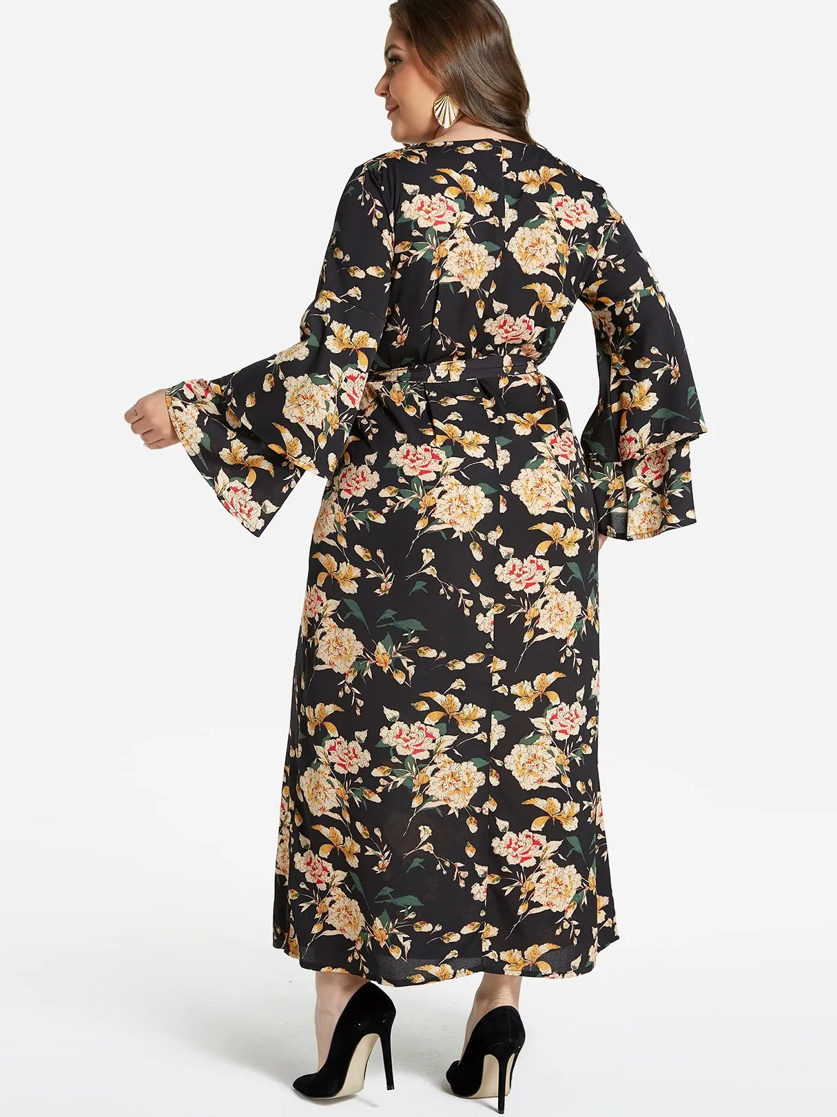 OEM ODM Round Neck Floral Print Tiered Self-Tie Long Sleeve Flounced Hem Plus Size Dress