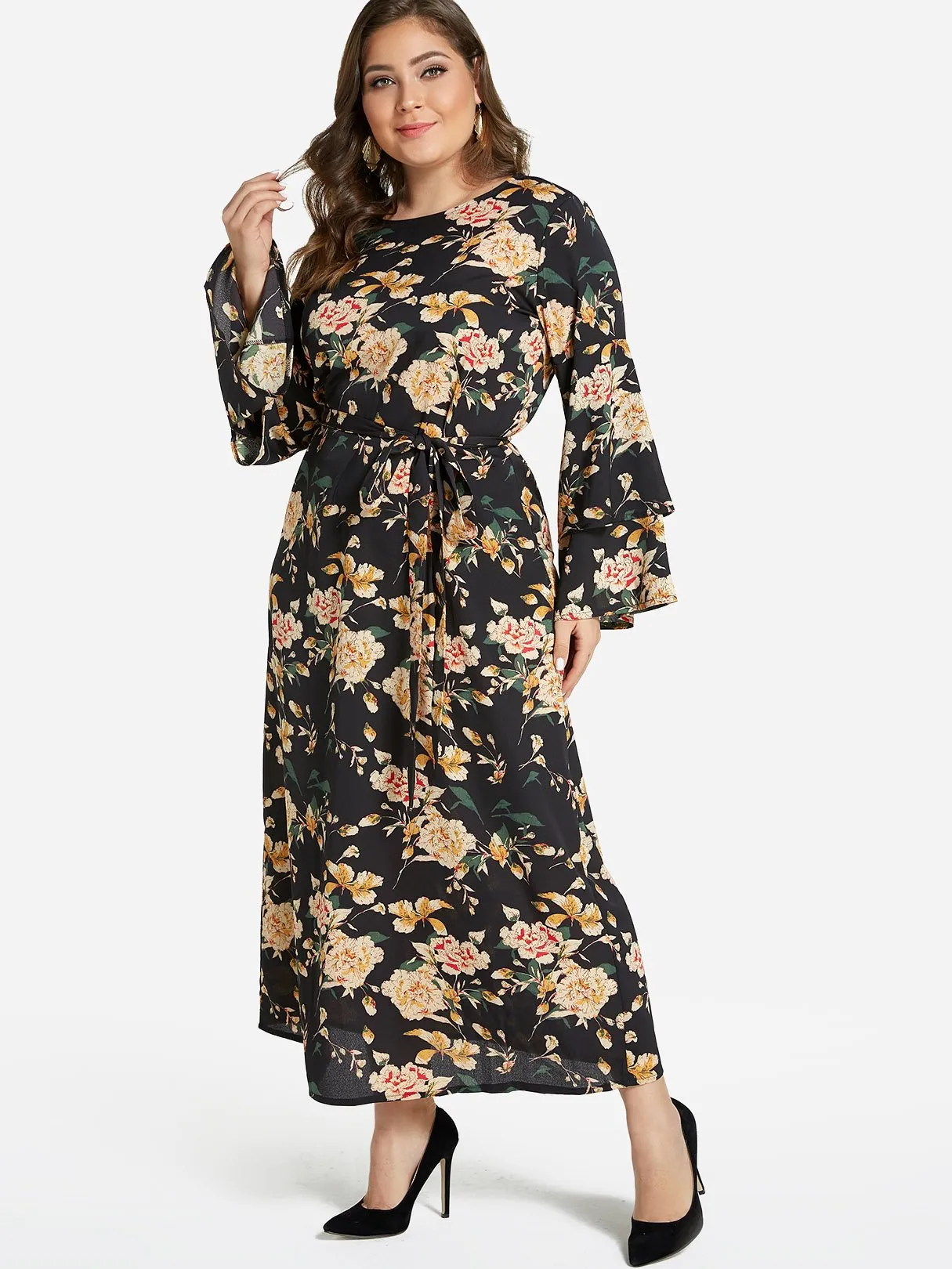 OEM ODM Round Neck Floral Print Tiered Self-Tie Long Sleeve Flounced Hem Plus Size Dress