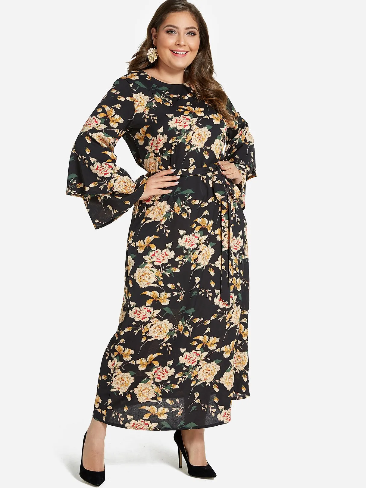OEM ODM Round Neck Floral Print Tiered Self-Tie Long Sleeve Flounced Hem Plus Size Dress