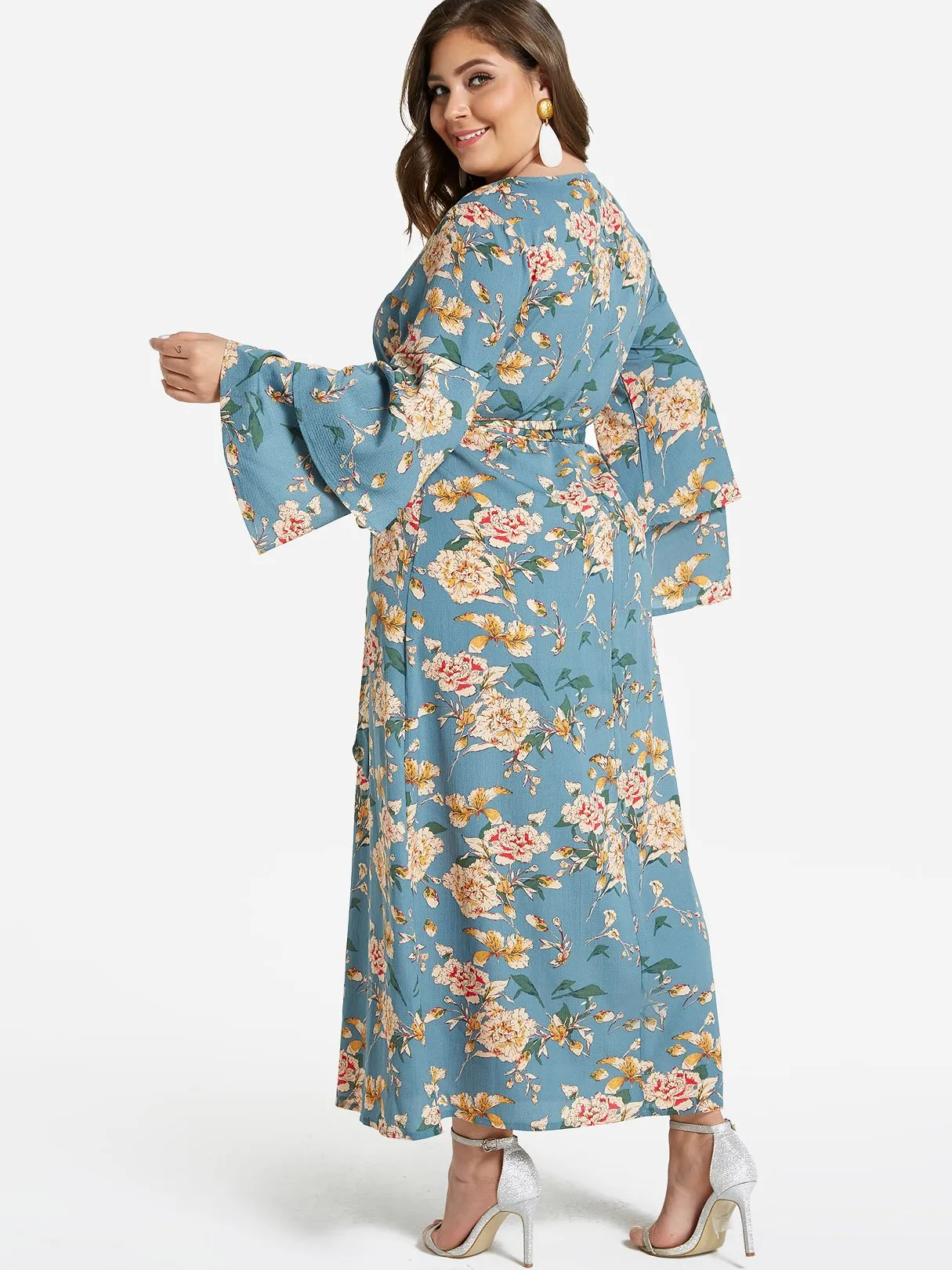 OEM ODM Round Neck Floral Print Tiered Self-Tie Long Sleeve Flounced Hem Plus Size Dress