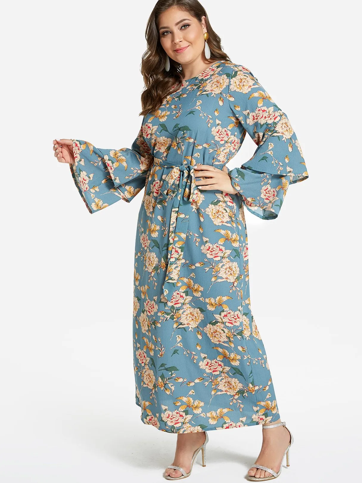 OEM ODM Round Neck Floral Print Tiered Self-Tie Long Sleeve Flounced Hem Plus Size Dress