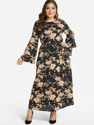 OEM ODM Round Neck Floral Print Tiered Self-Tie Long Sleeve Flounced Hem Plus Size Dress