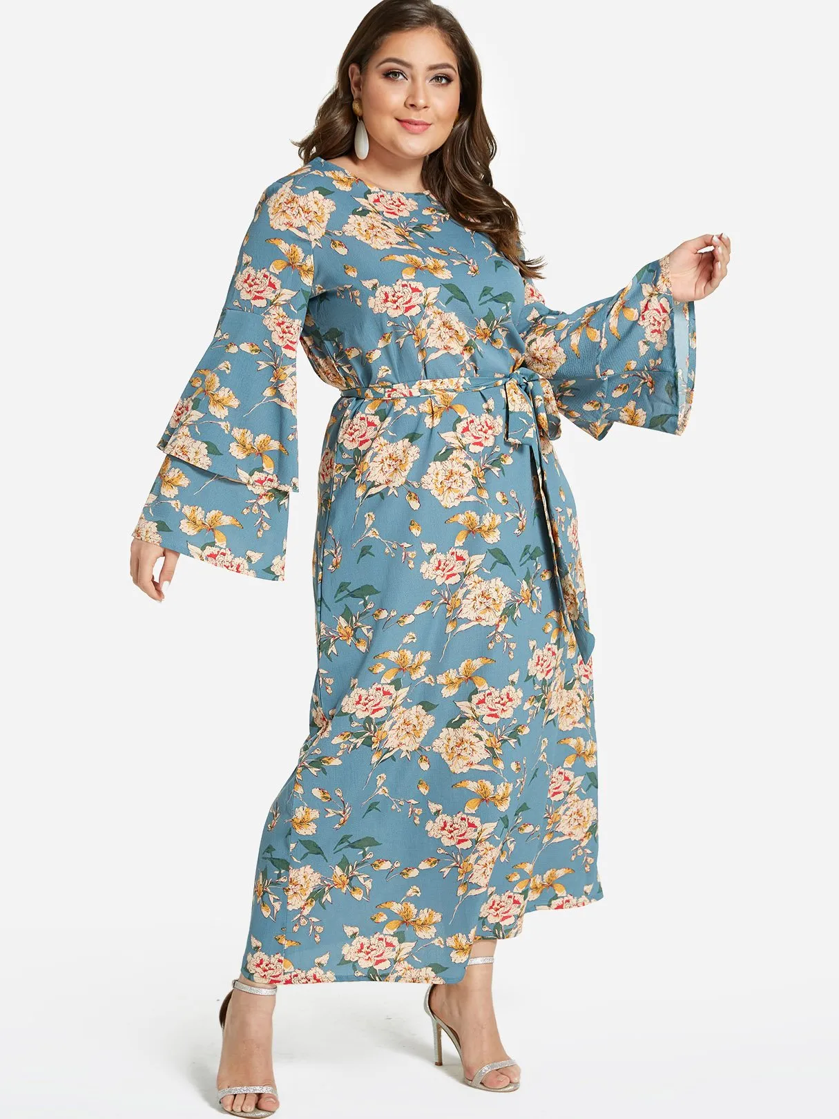 OEM ODM Round Neck Floral Print Tiered Self-Tie Long Sleeve Flounced Hem Plus Size Dress