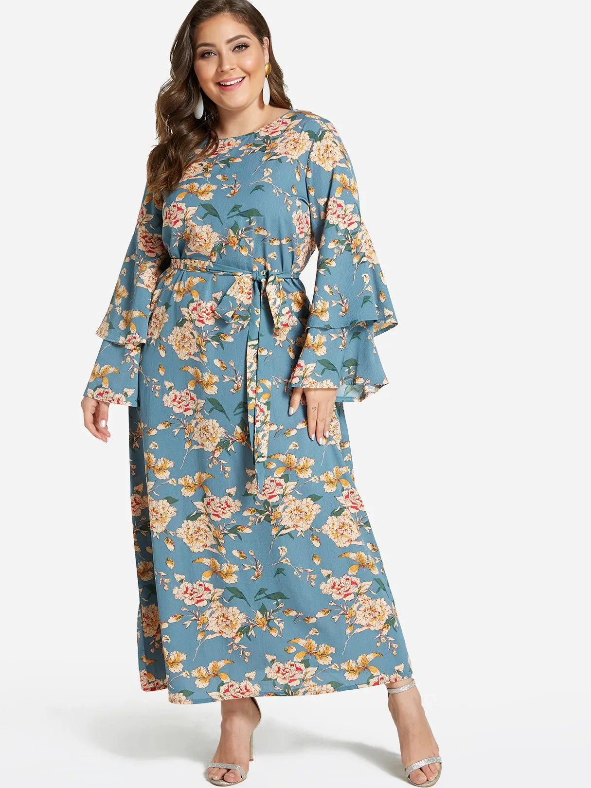 OEM ODM Round Neck Floral Print Tiered Self-Tie Long Sleeve Flounced Hem Plus Size Dress