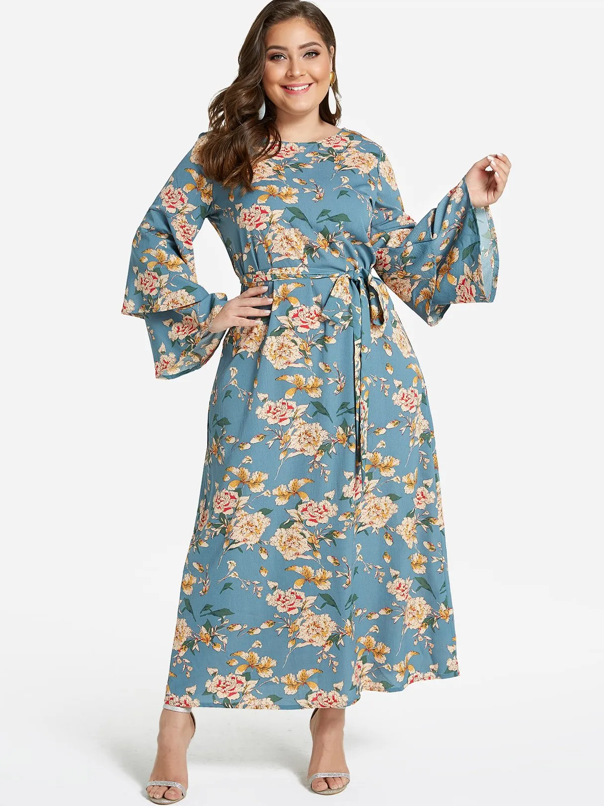 OEM ODM Round Neck Floral Print Tiered Self-Tie Long Sleeve Flounced Hem Plus Size Dress