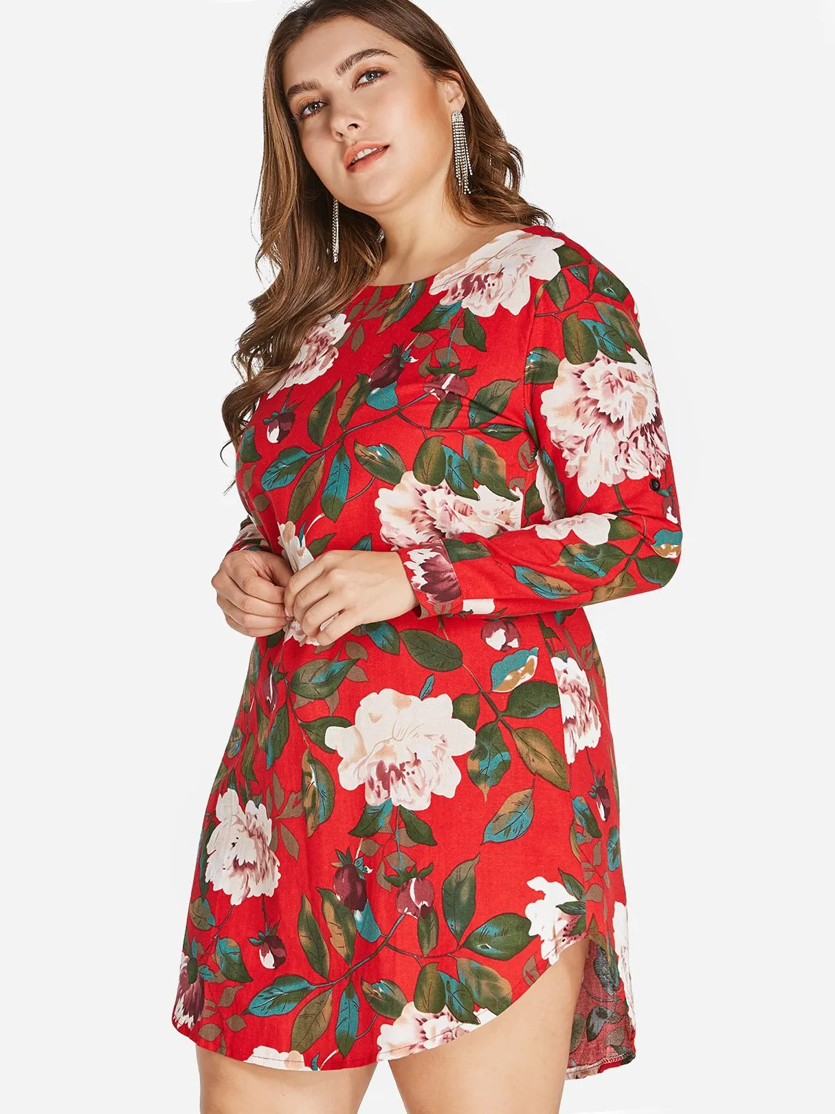 OEM ODM Round Neck Floral Print Zip Back Long Sleeve Curved Hem Red Plus Size Dress