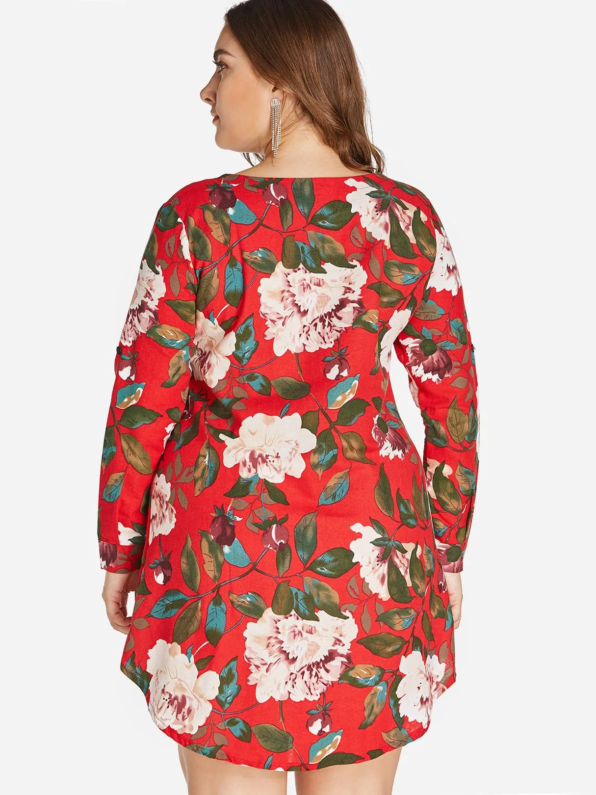 OEM ODM Round Neck Floral Print Zip Back Long Sleeve Curved Hem Red Plus Size Dress