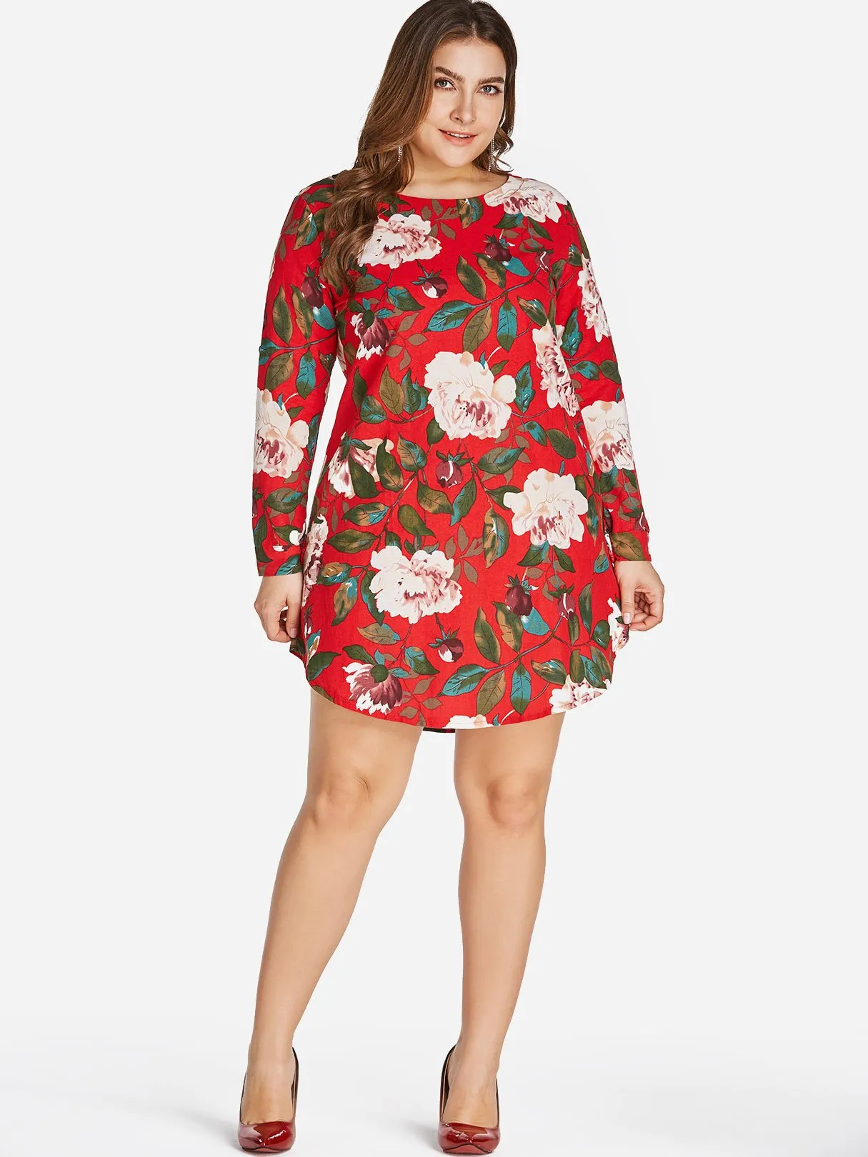 OEM ODM Round Neck Floral Print Zip Back Long Sleeve Curved Hem Red Plus Size Dress