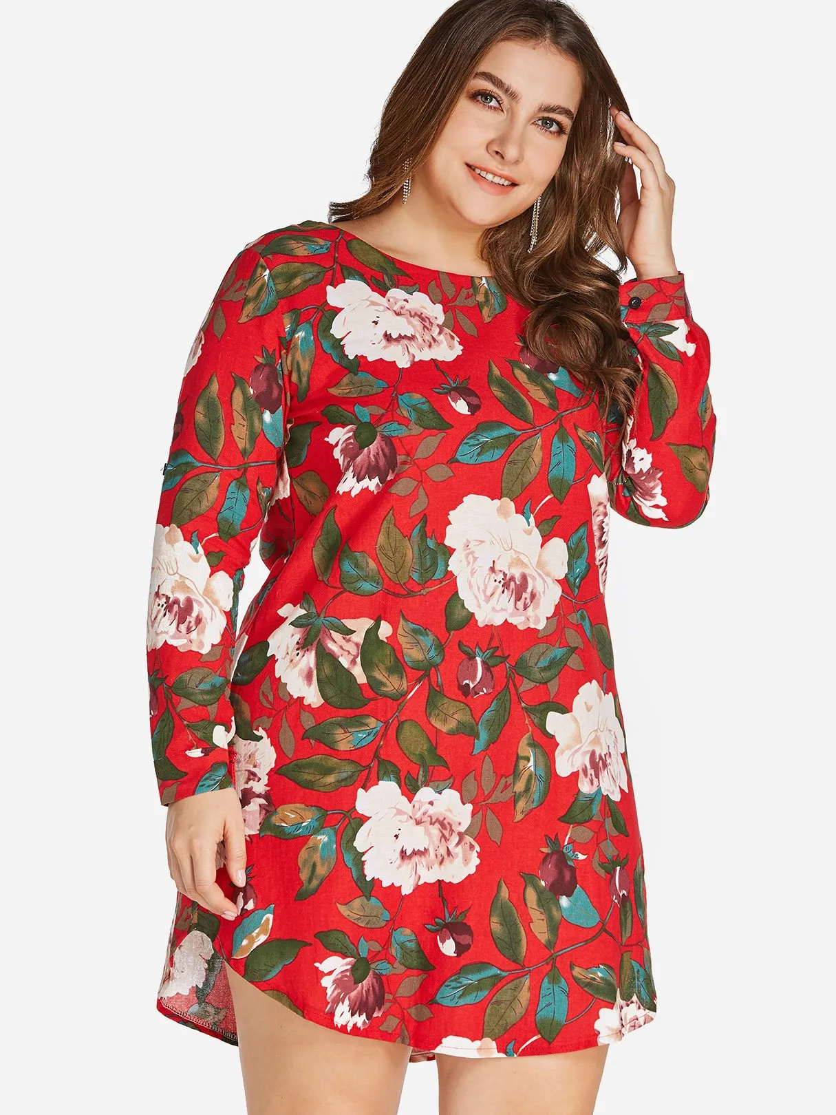 OEM ODM Round Neck Floral Print Zip Back Long Sleeve Curved Hem Red Plus Size Dress