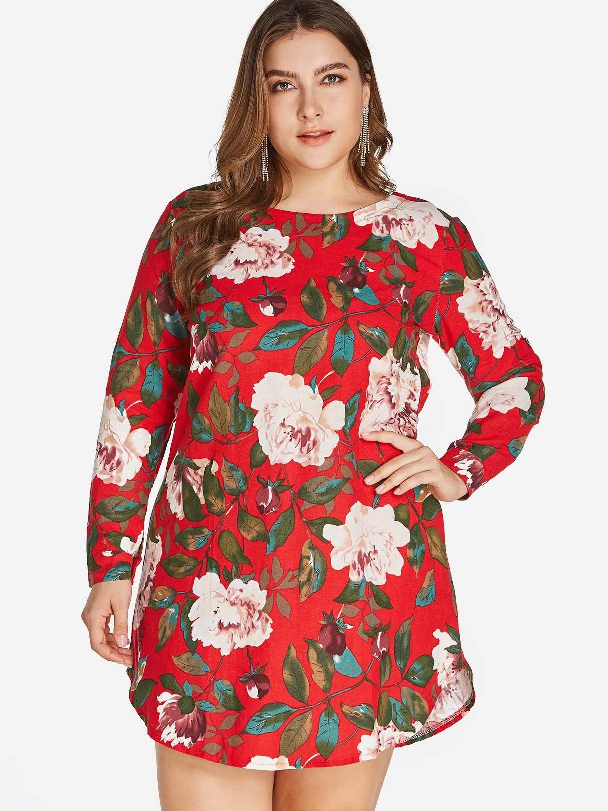 OEM ODM Round Neck Floral Print Zip Back Long Sleeve Curved Hem Red Plus Size Dress