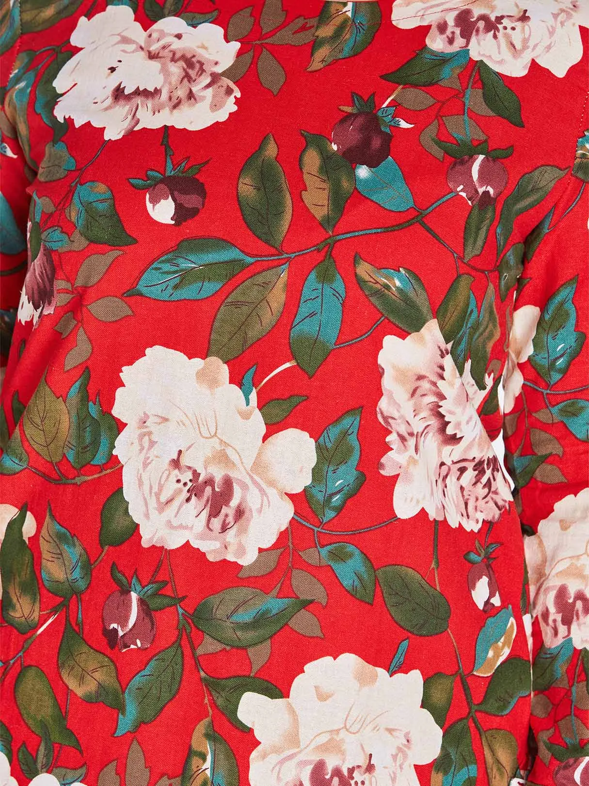 OEM ODM Round Neck Floral Print Zip Back Long Sleeve Curved Hem Red Plus Size Dress