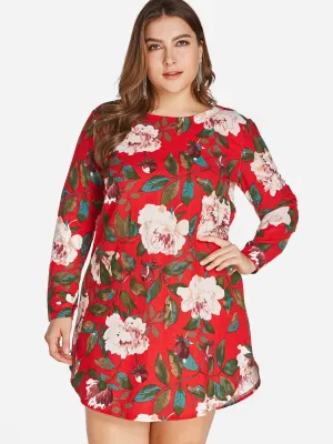 OEM ODM Round Neck Floral Print Zip Back Long Sleeve Curved Hem Red Plus Size Dress