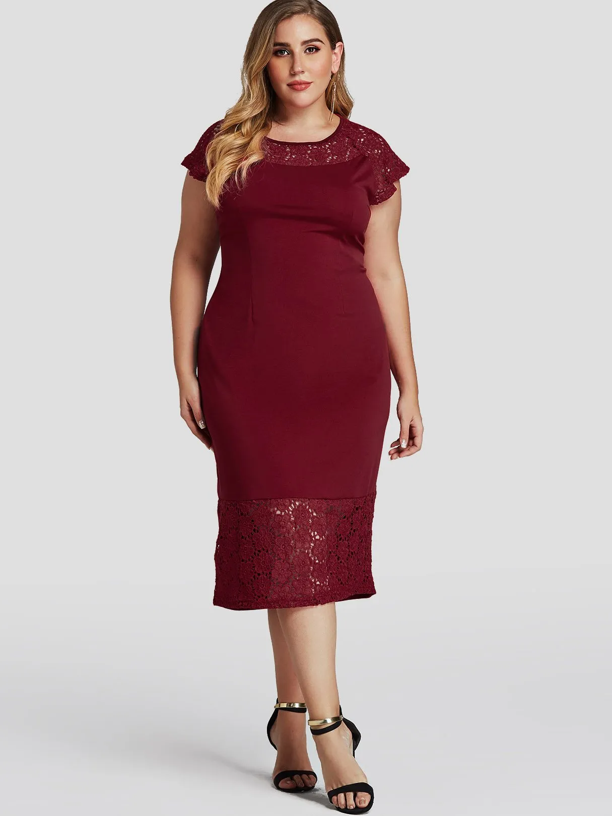 OEM ODM Round Neck Lace Short Sleeve Bodycon Hem Plus Size Dress