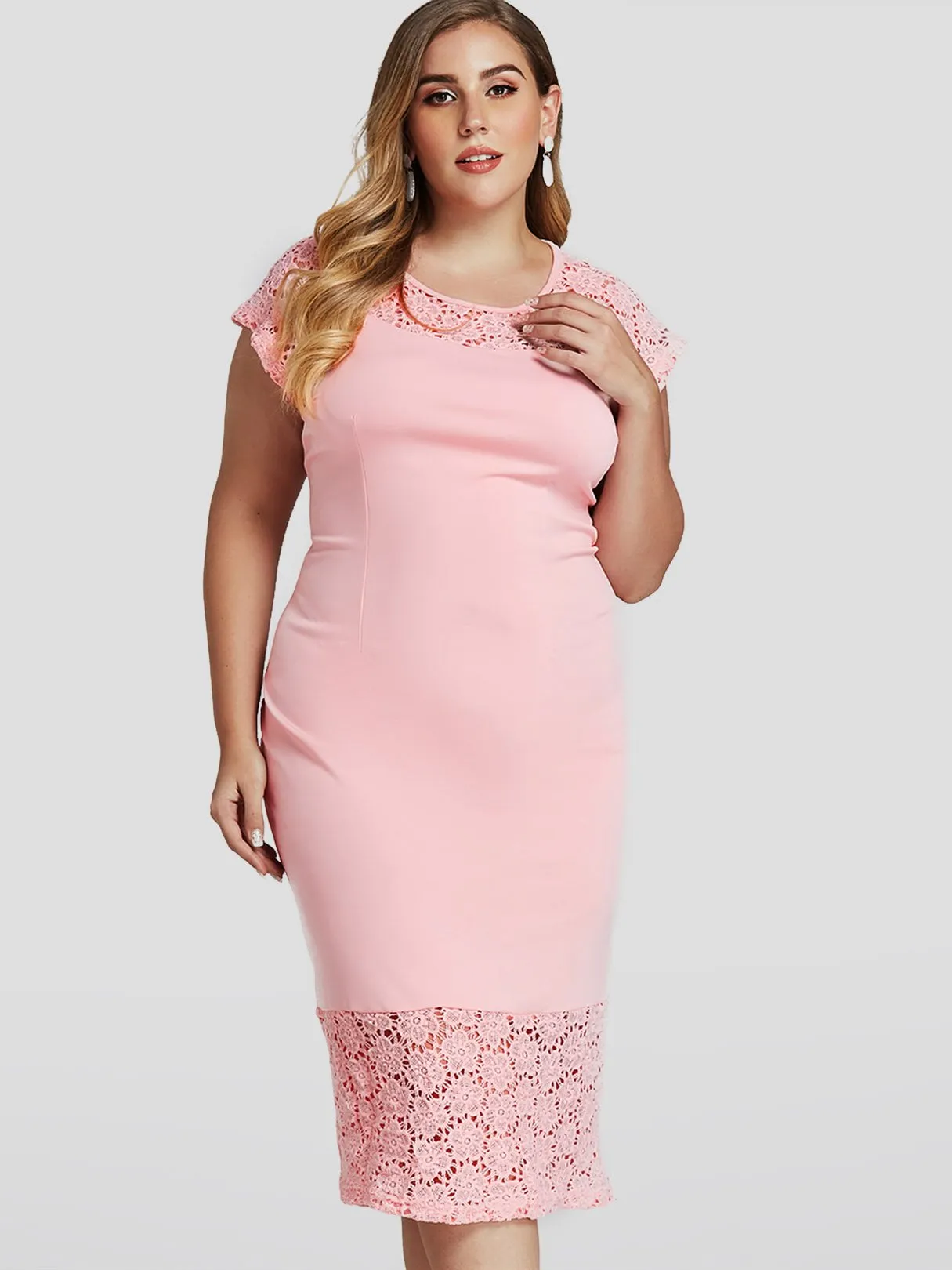 OEM ODM Round Neck Lace Short Sleeve Bodycon Hem Plus Size Dress