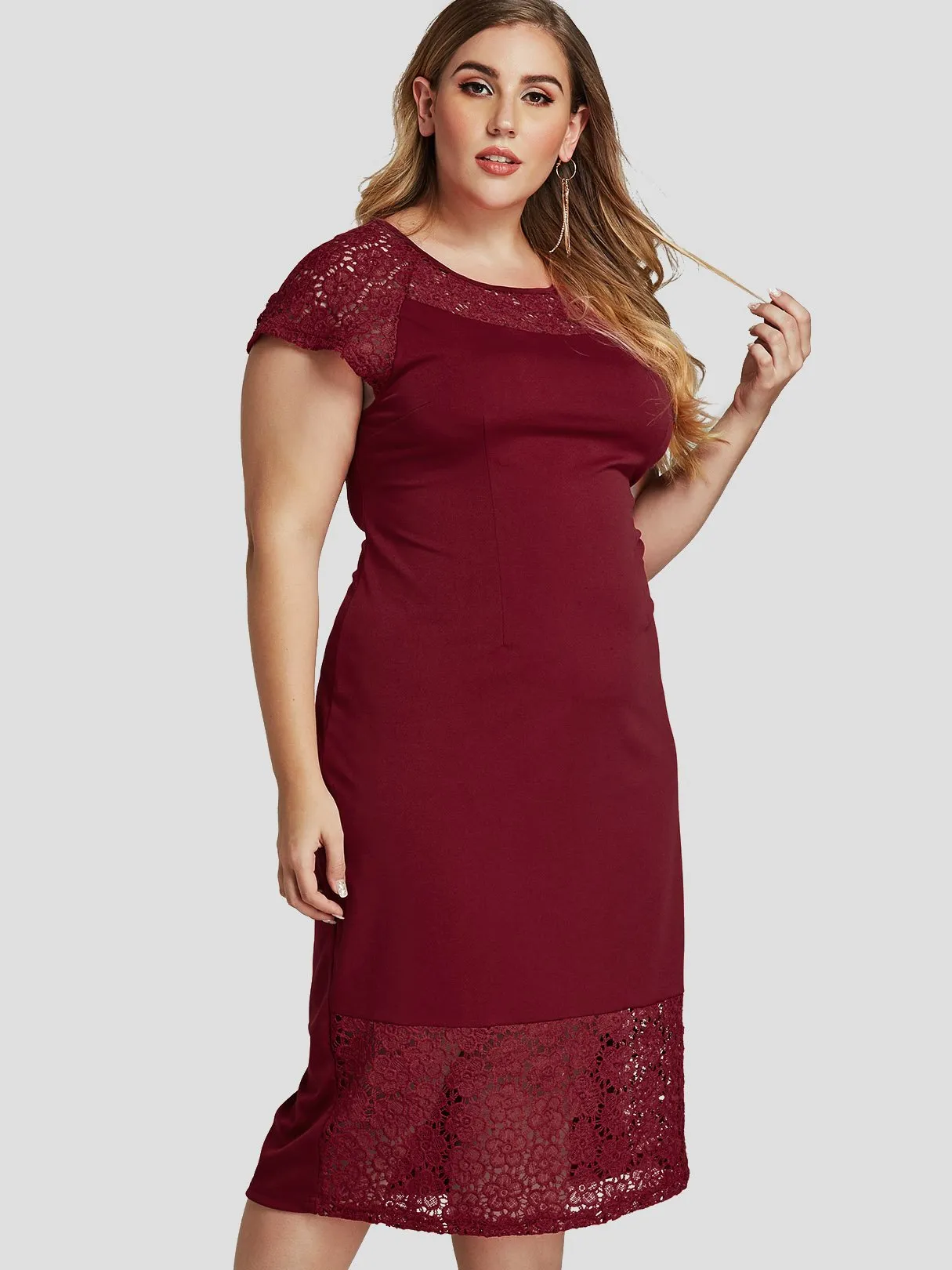 OEM ODM Round Neck Lace Short Sleeve Bodycon Hem Plus Size Dress