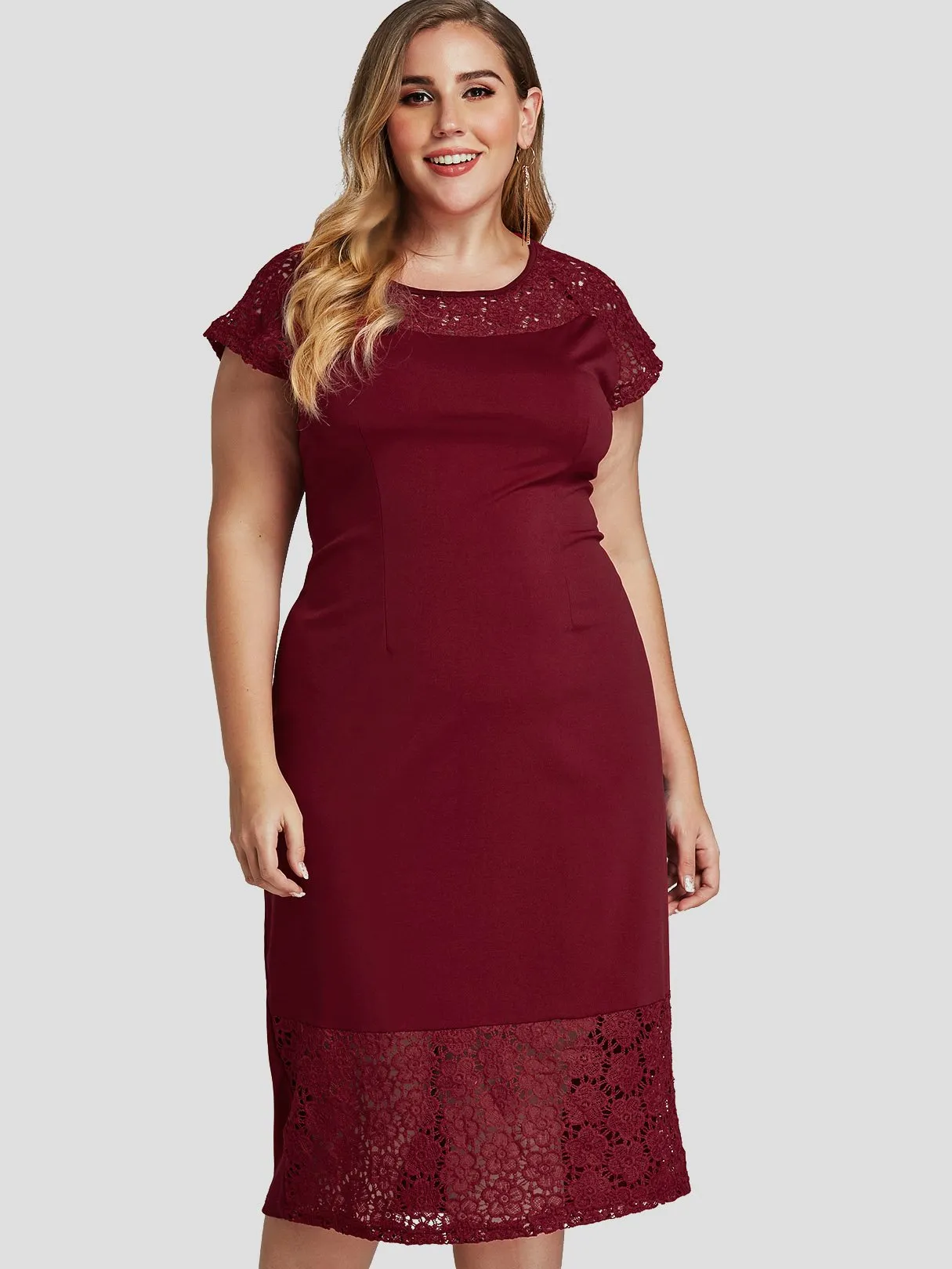 OEM ODM Round Neck Lace Short Sleeve Bodycon Hem Plus Size Dress