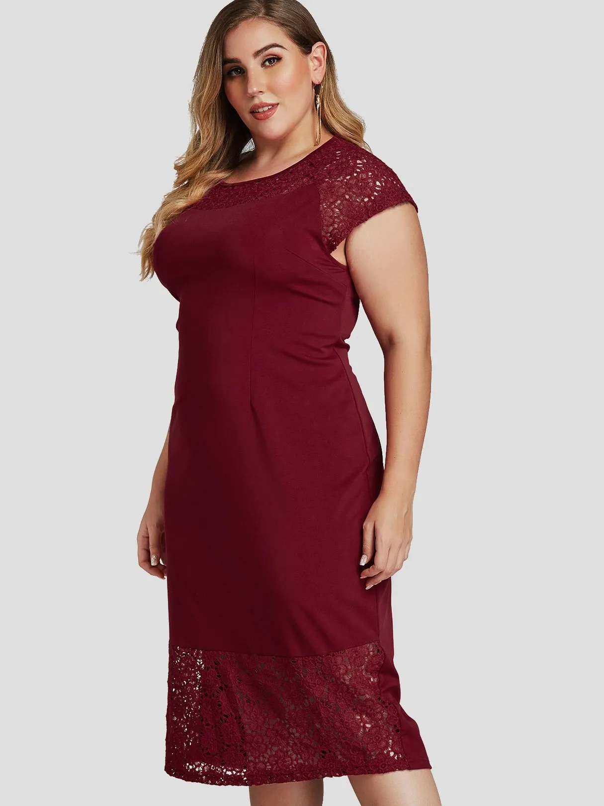 OEM ODM Round Neck Lace Short Sleeve Bodycon Hem Plus Size Dress