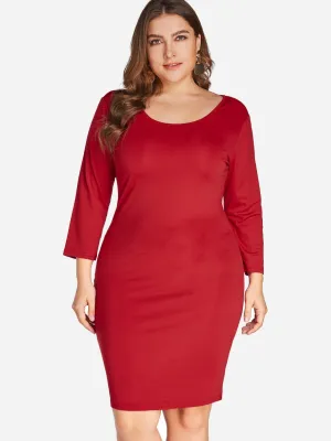 OEM ODM Round Neck Plain 3/4 Sleeve Bodycon Hem Red Plus Size Dress