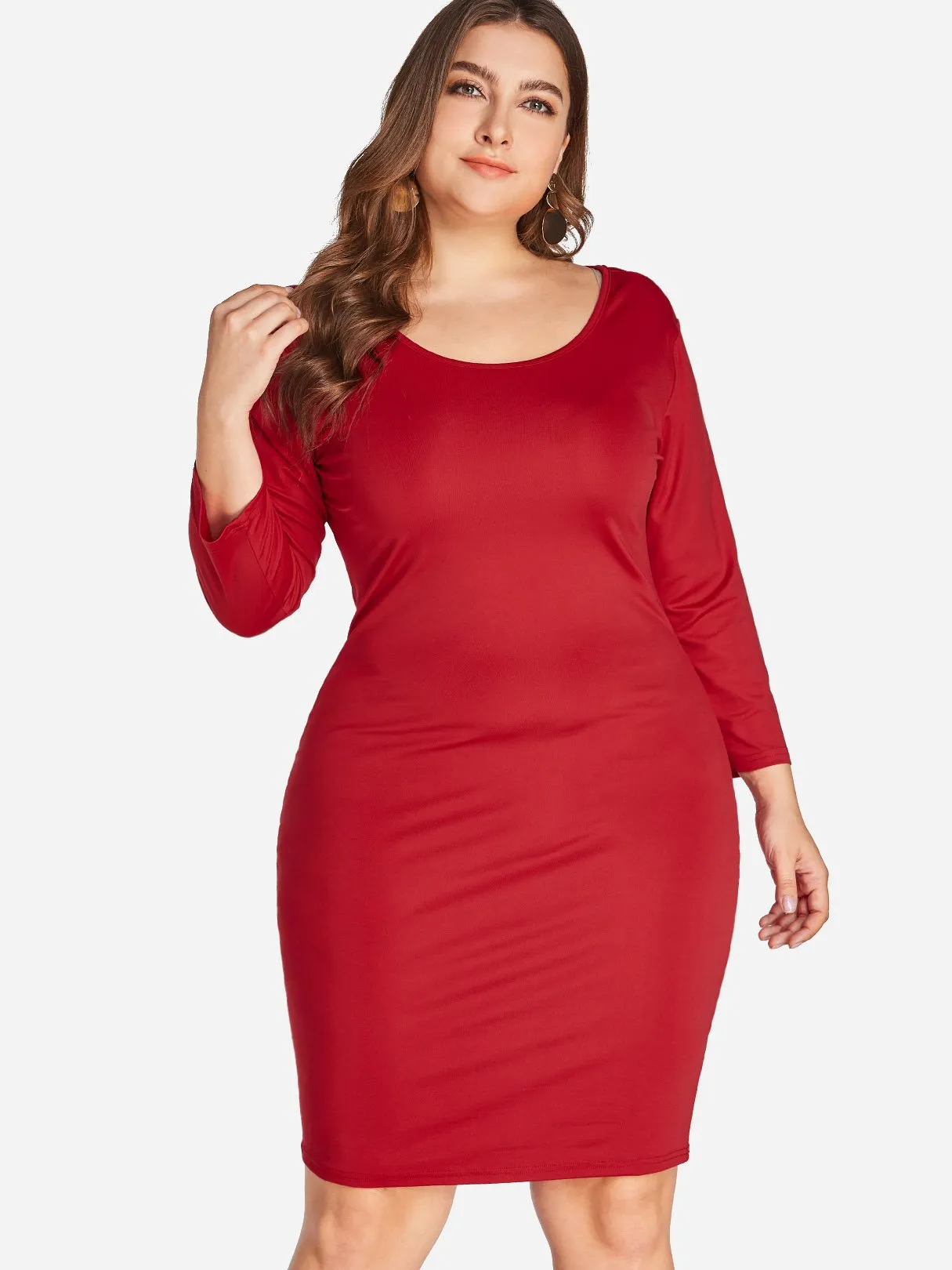 OEM ODM Round Neck Plain 3/4 Sleeve Bodycon Hem Red Plus Size Dress