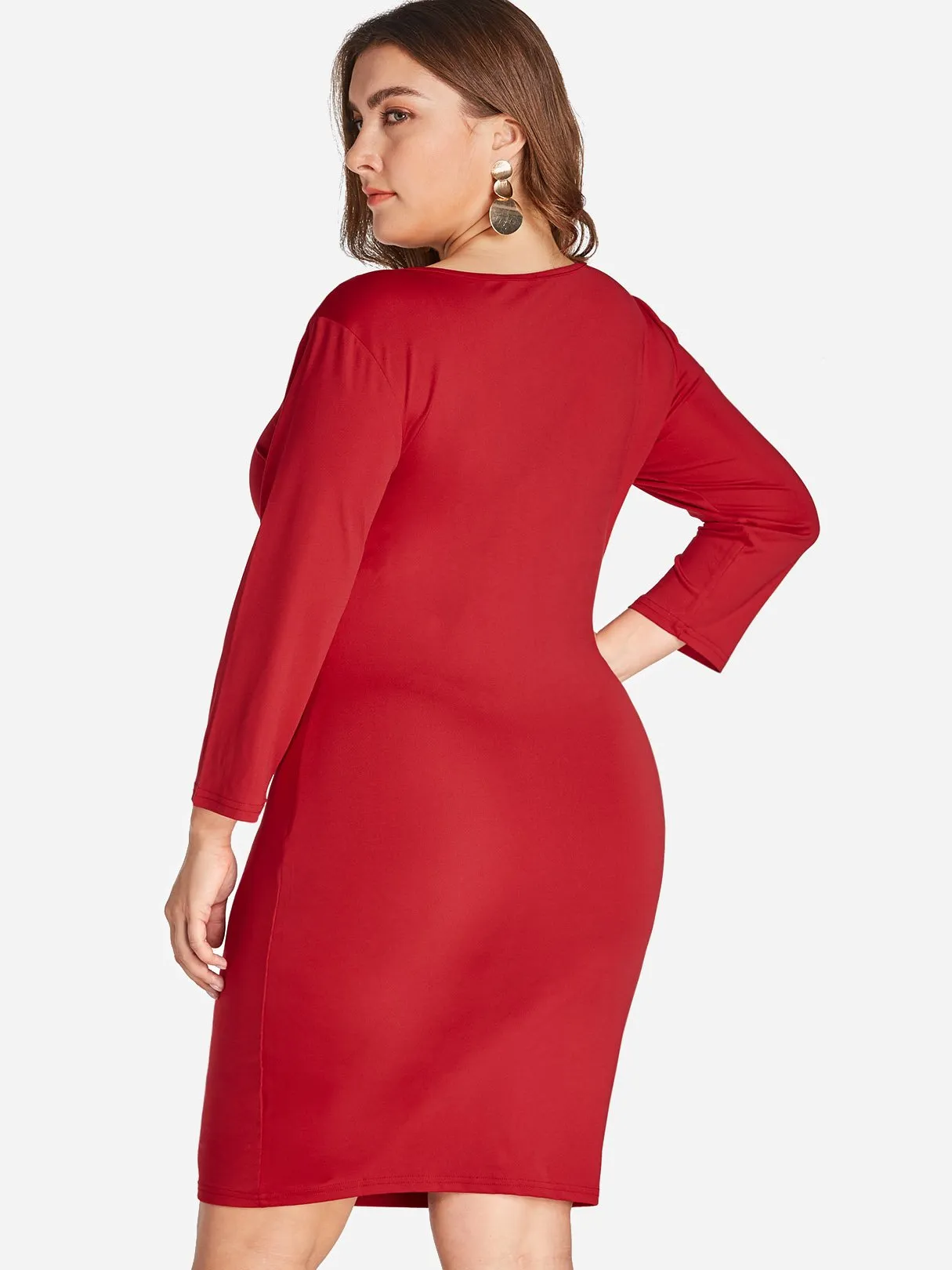 OEM ODM Round Neck Plain 3/4 Sleeve Bodycon Hem Red Plus Size Dress