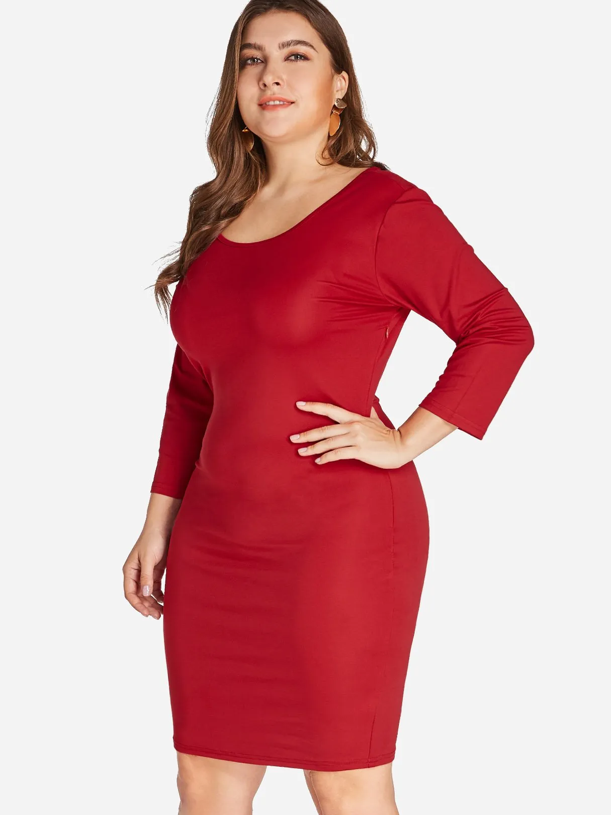 OEM ODM Round Neck Plain 3/4 Sleeve Bodycon Hem Red Plus Size Dress