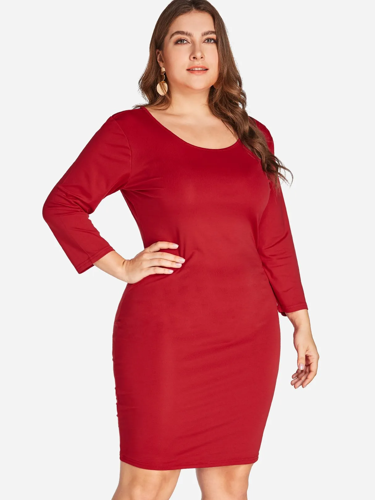 OEM ODM Round Neck Plain 3/4 Sleeve Bodycon Hem Red Plus Size Dress