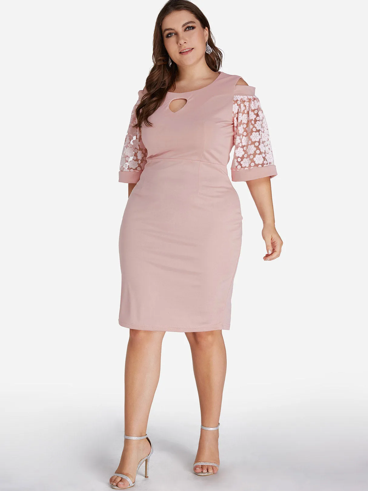 OEM ODM Round Neck Plain Cut Out Half Sleeve Pink Plus Size Dresses