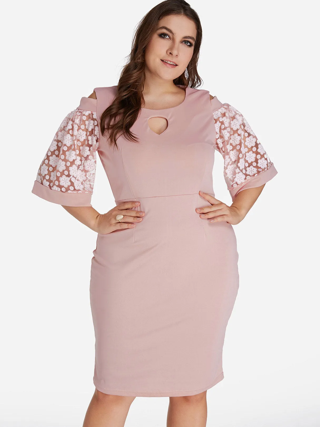 OEM ODM Round Neck Plain Cut Out Half Sleeve Pink Plus Size Dresses