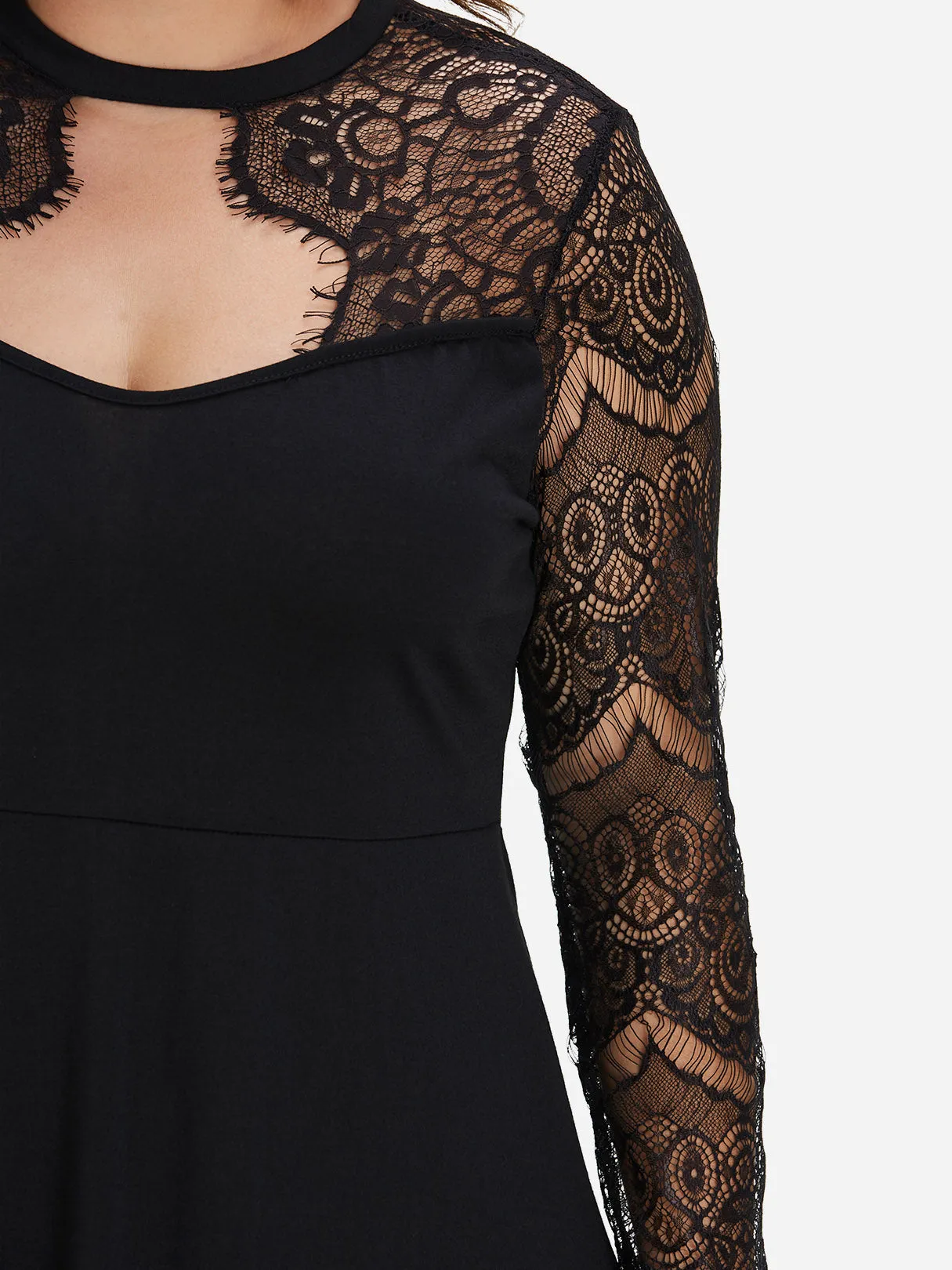 OEM ODM Round Neck Plain Lace Long Sleeve Flounced Hem Black Plus Size Dress