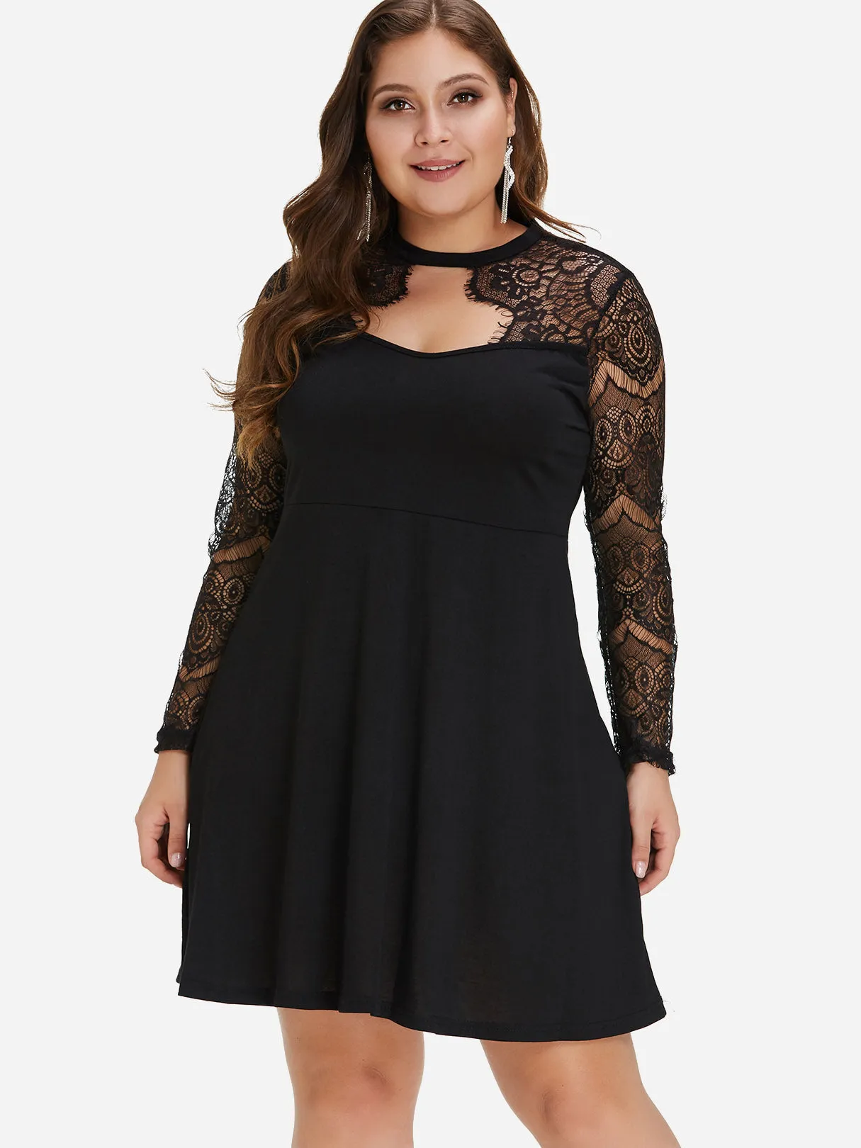OEM ODM Round Neck Plain Lace Long Sleeve Flounced Hem Black Plus Size Dress