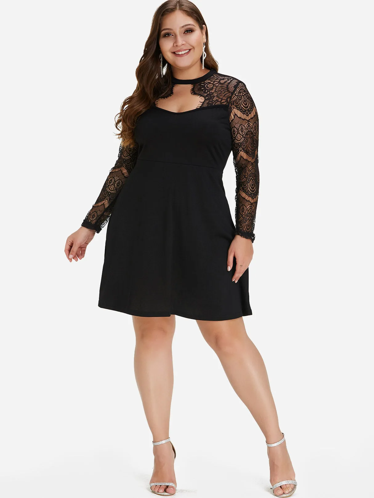 OEM ODM Round Neck Plain Lace Long Sleeve Flounced Hem Black Plus Size Dress