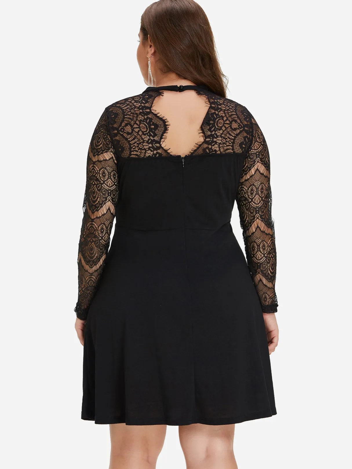OEM ODM Round Neck Plain Lace Long Sleeve Flounced Hem Black Plus Size Dress