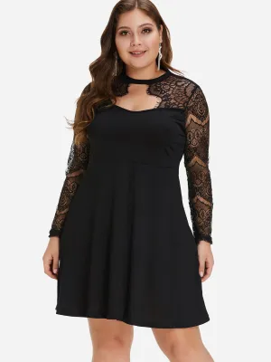 OEM ODM Round Neck Plain Lace Long Sleeve Flounced Hem Black Plus Size Dress