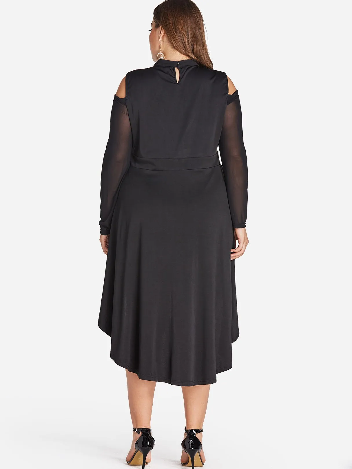 OEM ODM Round Neck Plain Lace Long Sleeve High-Low Hem Black Plus Size Dress