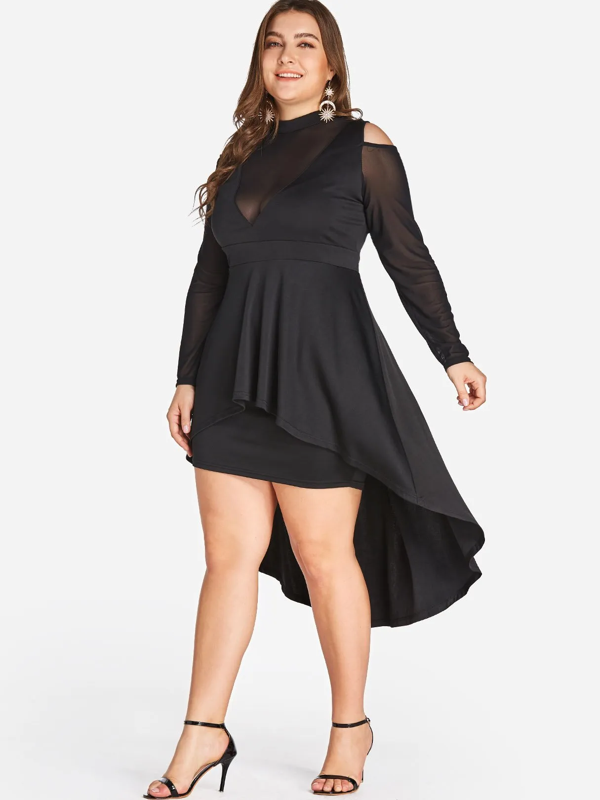 OEM ODM Round Neck Plain Lace Long Sleeve High-Low Hem Black Plus Size Dress