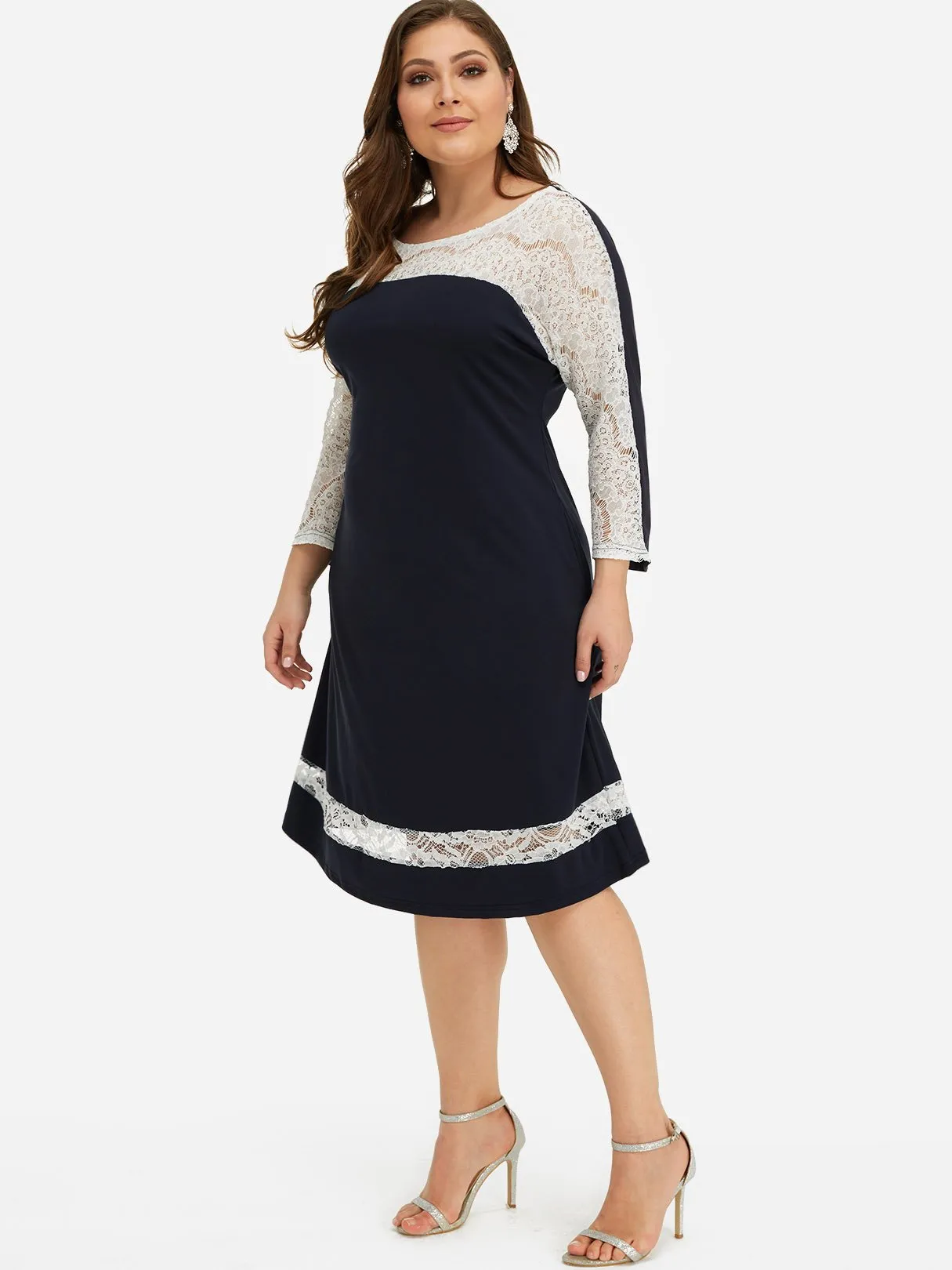 OEM ODM Round Neck Plain Lace Long Sleeve Plus Size Dress