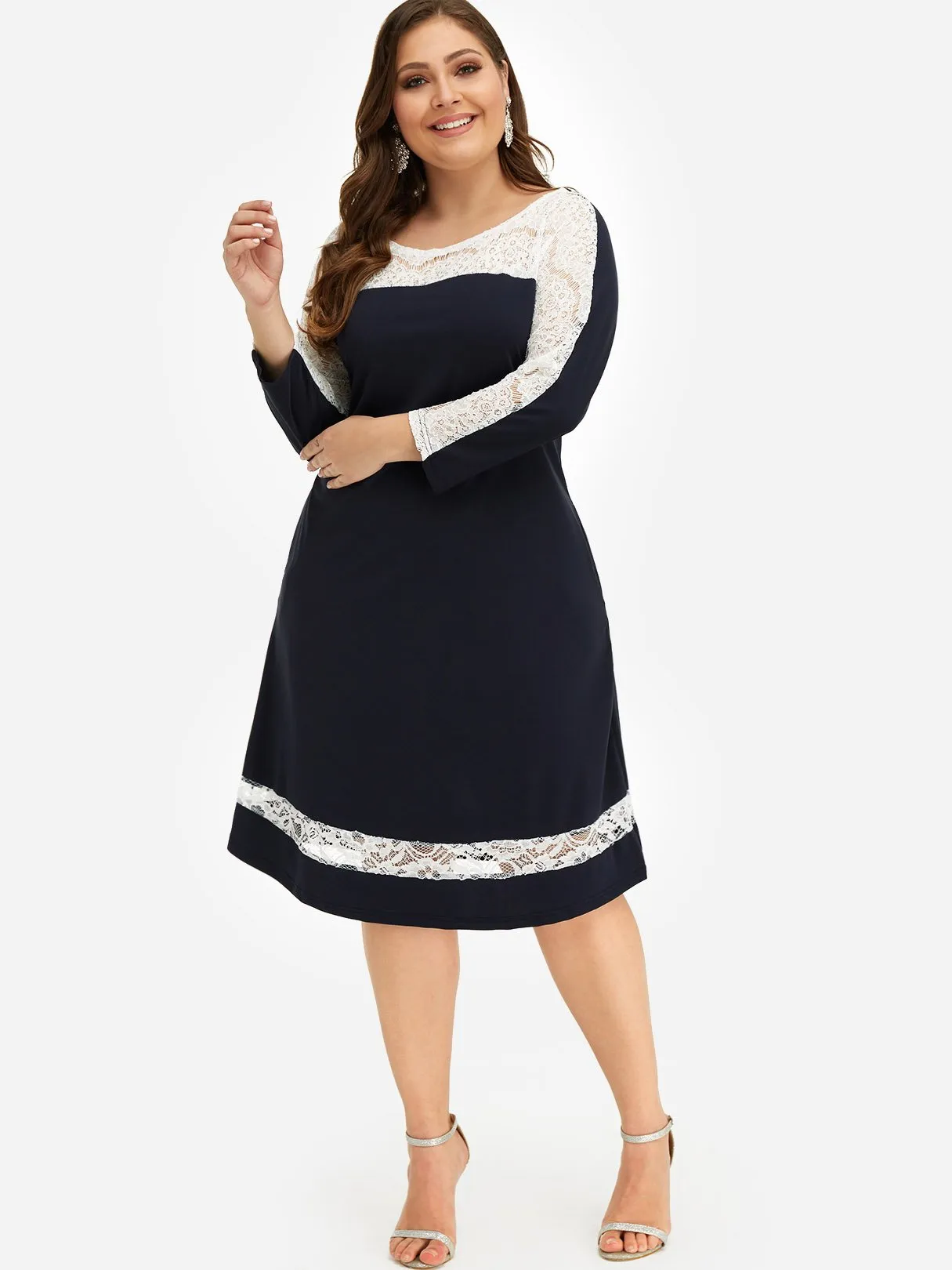 OEM ODM Round Neck Plain Lace Long Sleeve Plus Size Dress
