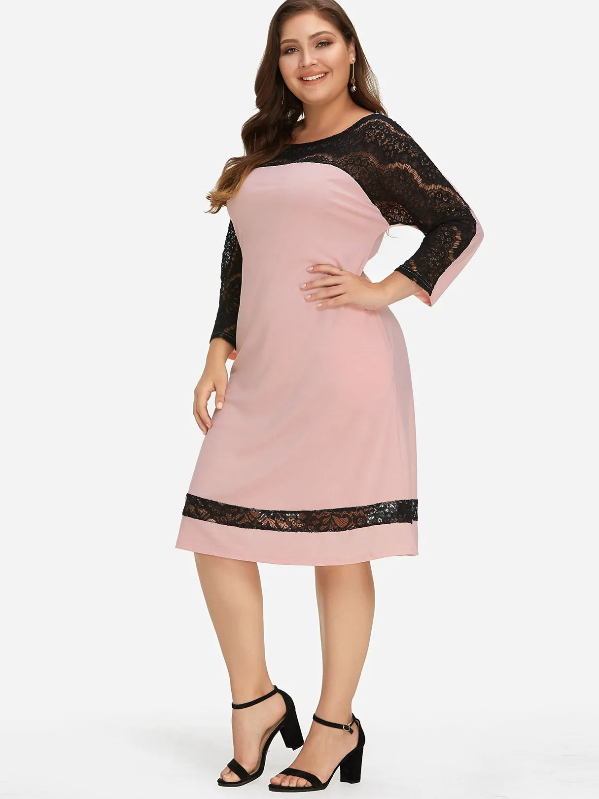 OEM ODM Round Neck Plain Lace Long Sleeve Plus Size Dress