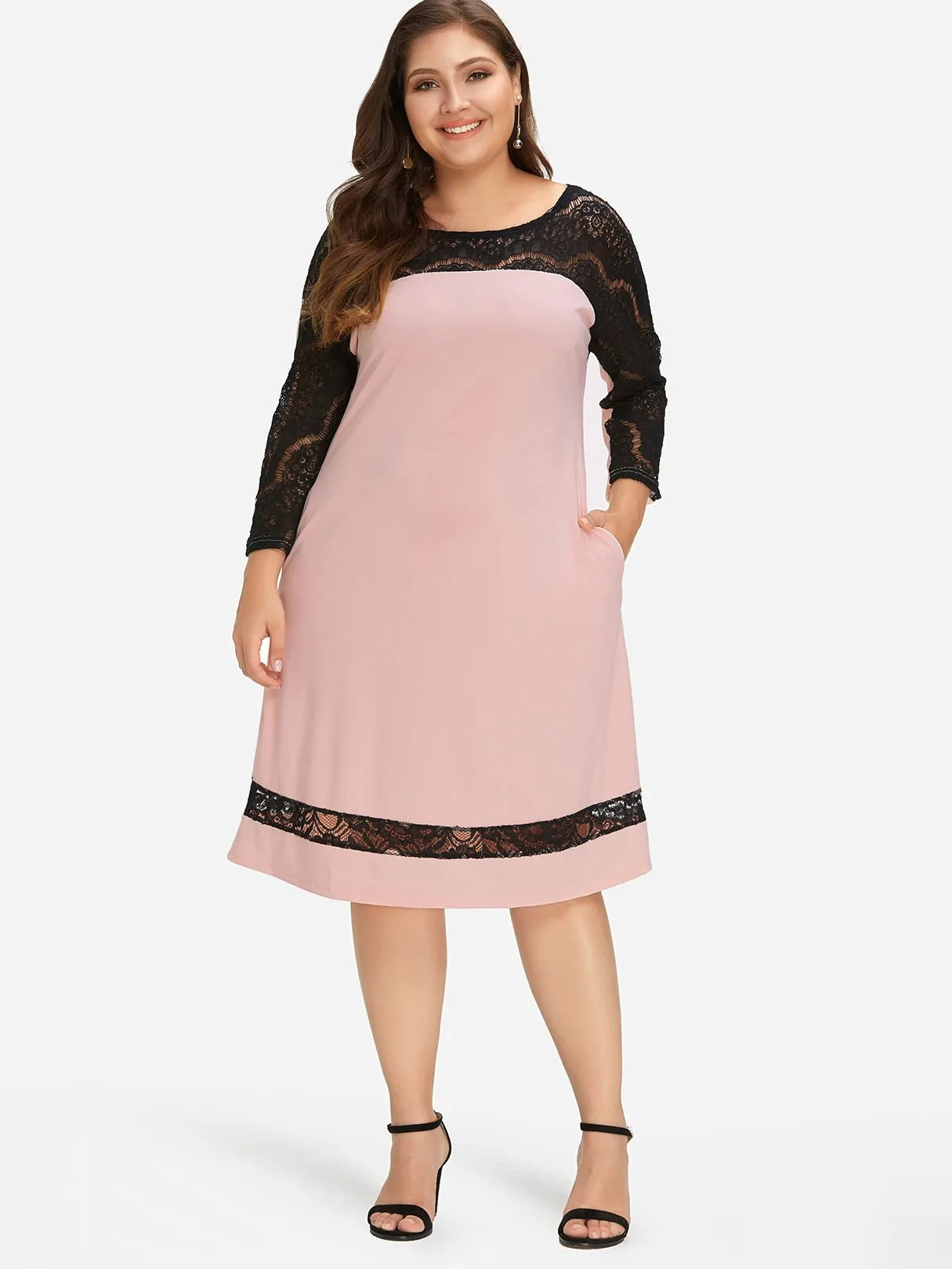 OEM ODM Round Neck Plain Lace Long Sleeve Plus Size Dress