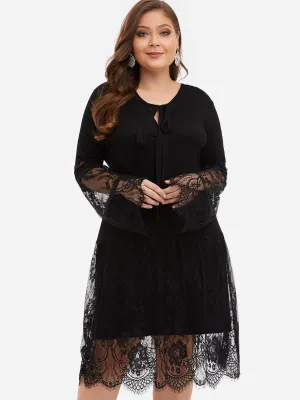 OEM ODM Round Neck Plain Lace Self-Tie Long Sleeve Black Plus Size Midi Dresses