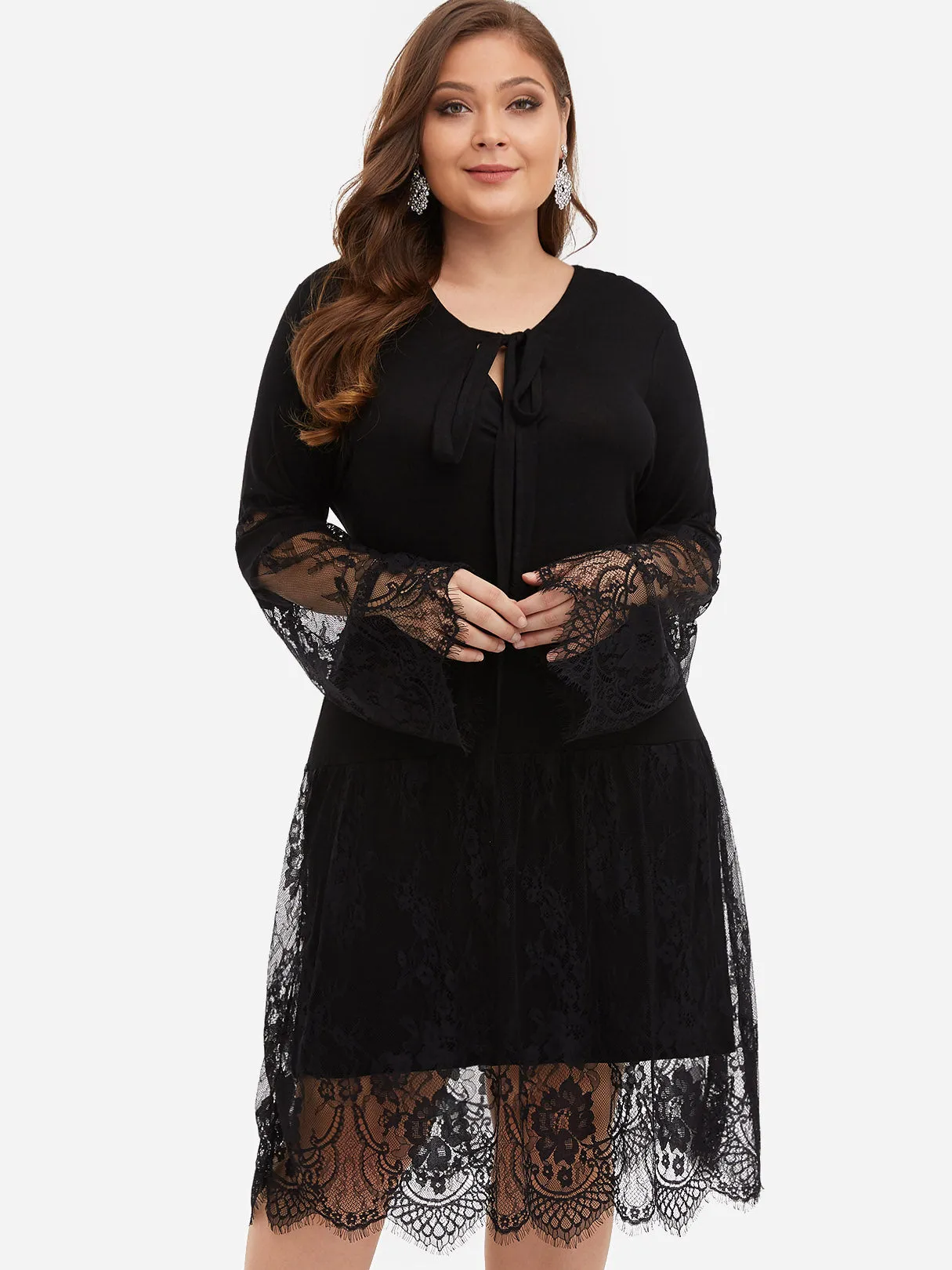 OEM ODM Round Neck Plain Lace Self-Tie Long Sleeve Black Plus Size Midi Dresses