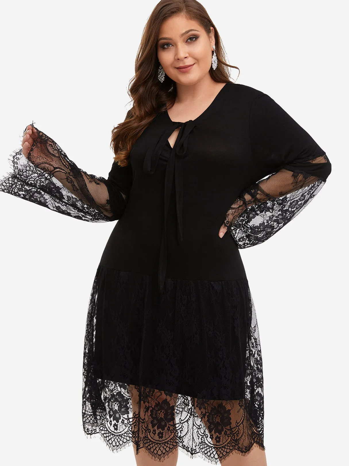 OEM ODM Round Neck Plain Lace Self-Tie Long Sleeve Black Plus Size Midi Dresses